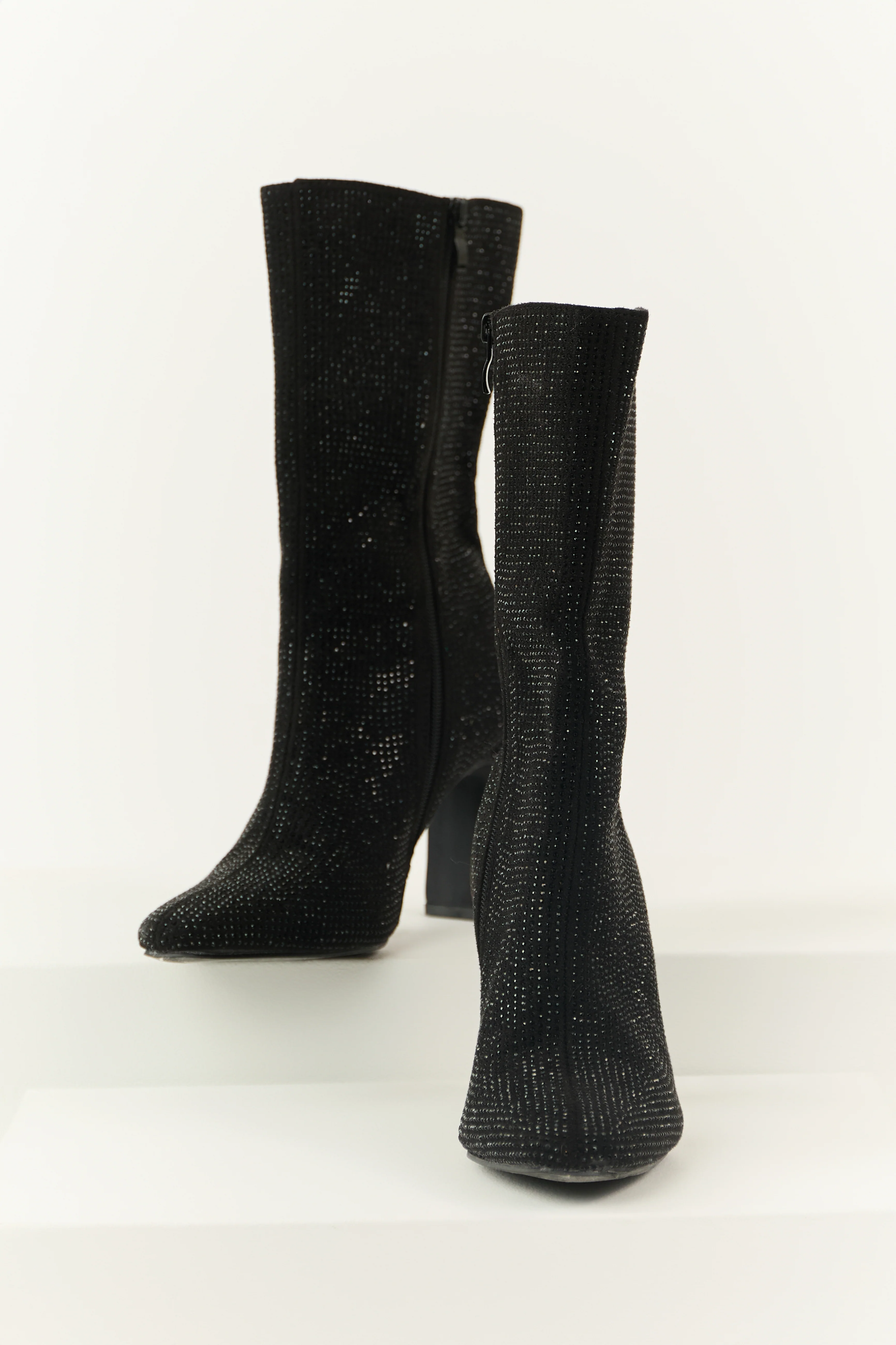 Black Rhinestone Zip Up Heeled Boots - LD SALE