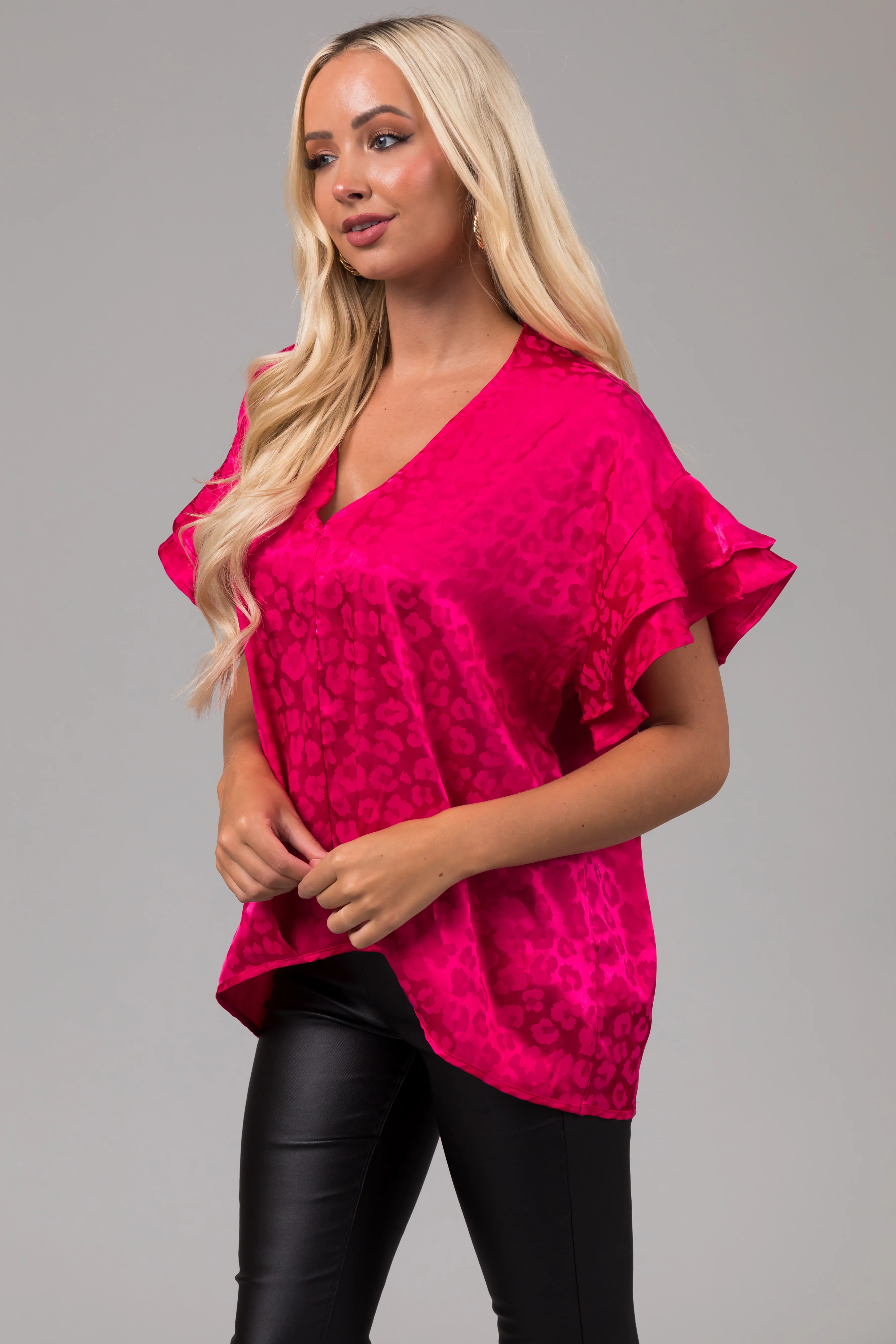 Hot Pink Animal Print Short Ruffle Sleeve Top - LD SALE
