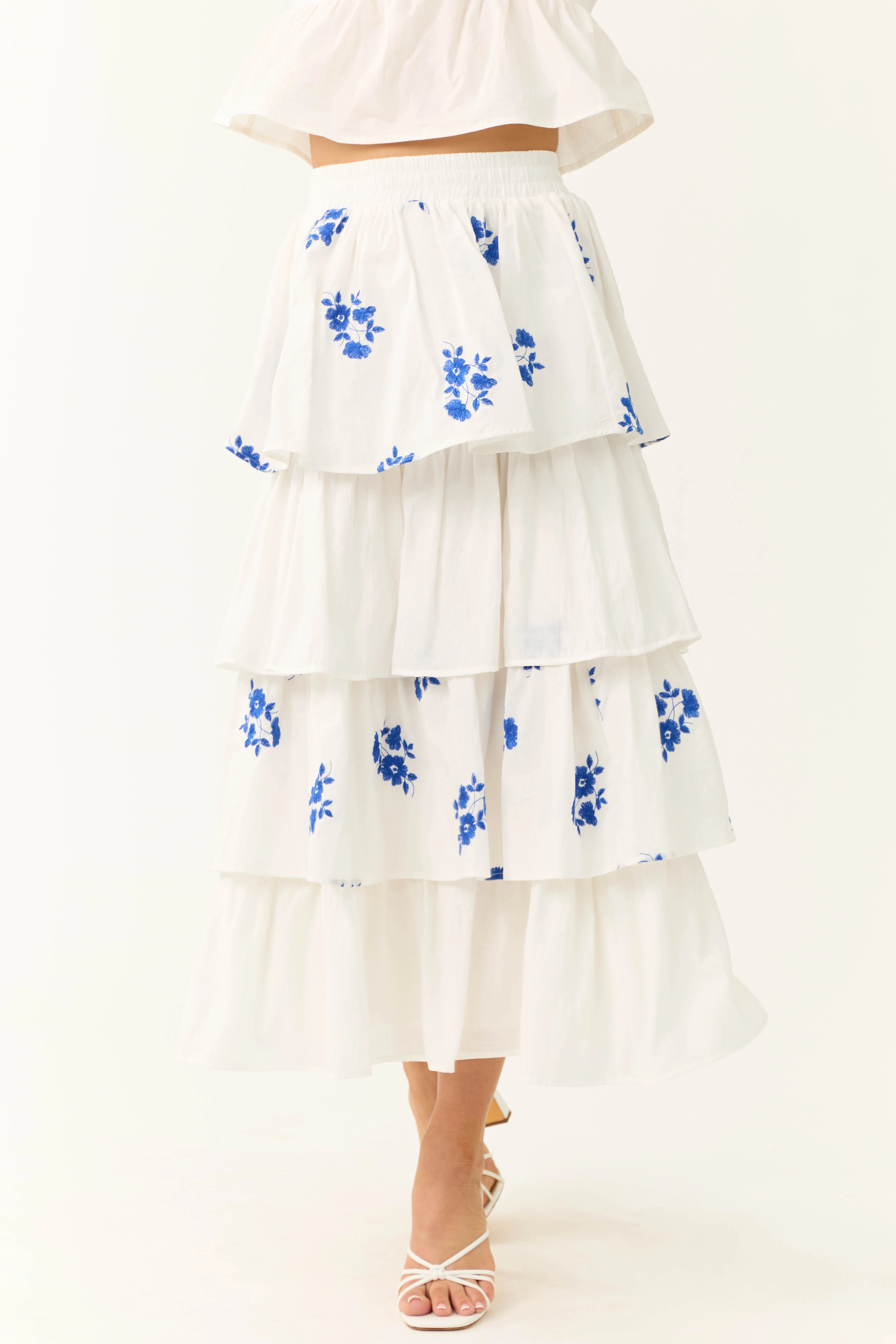 White and Cobalt Floral Embroidered Skirt - LD SALE
