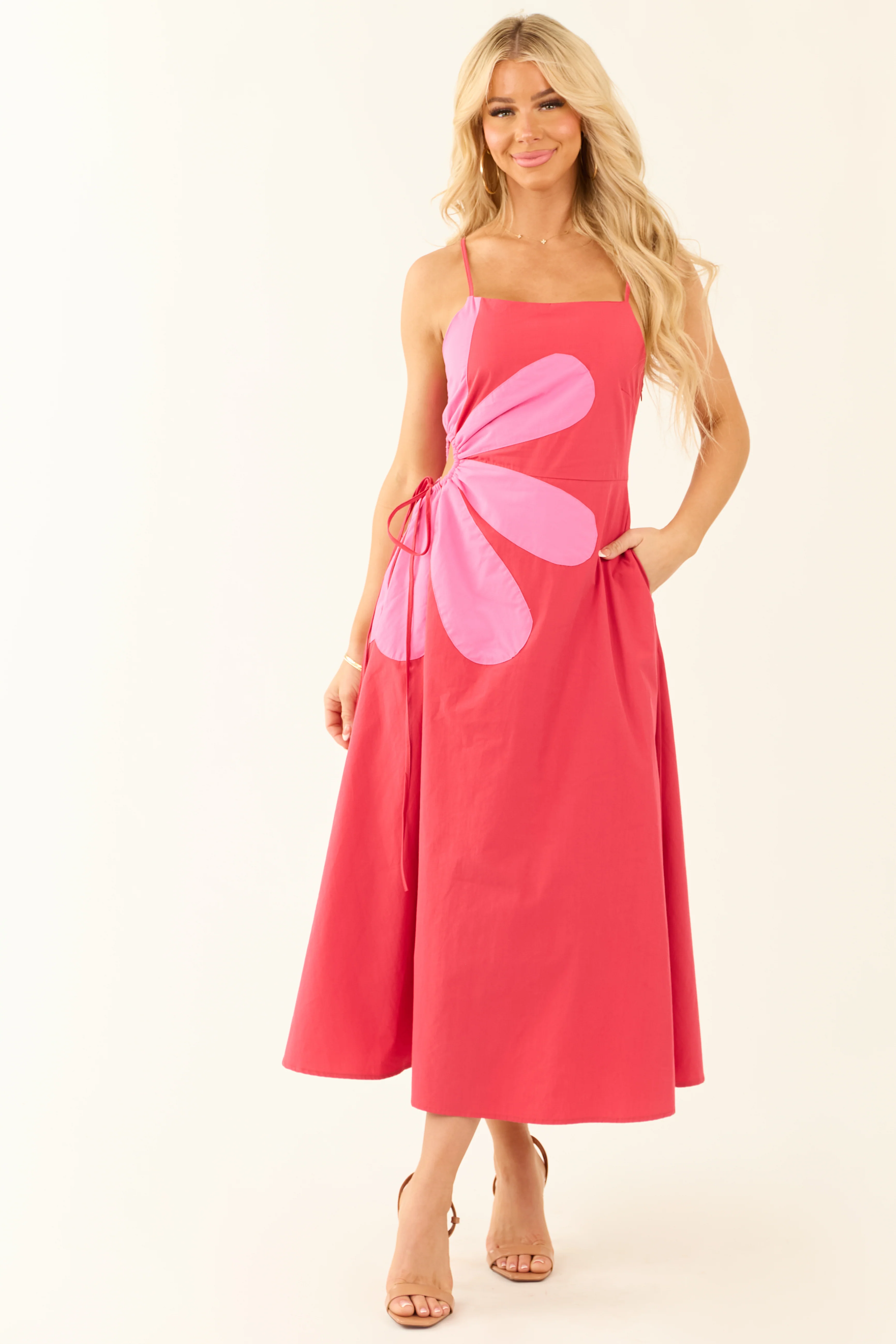 Pastel Crimson Cut Out Side Flower Detail Maxi Dress - LD SALE