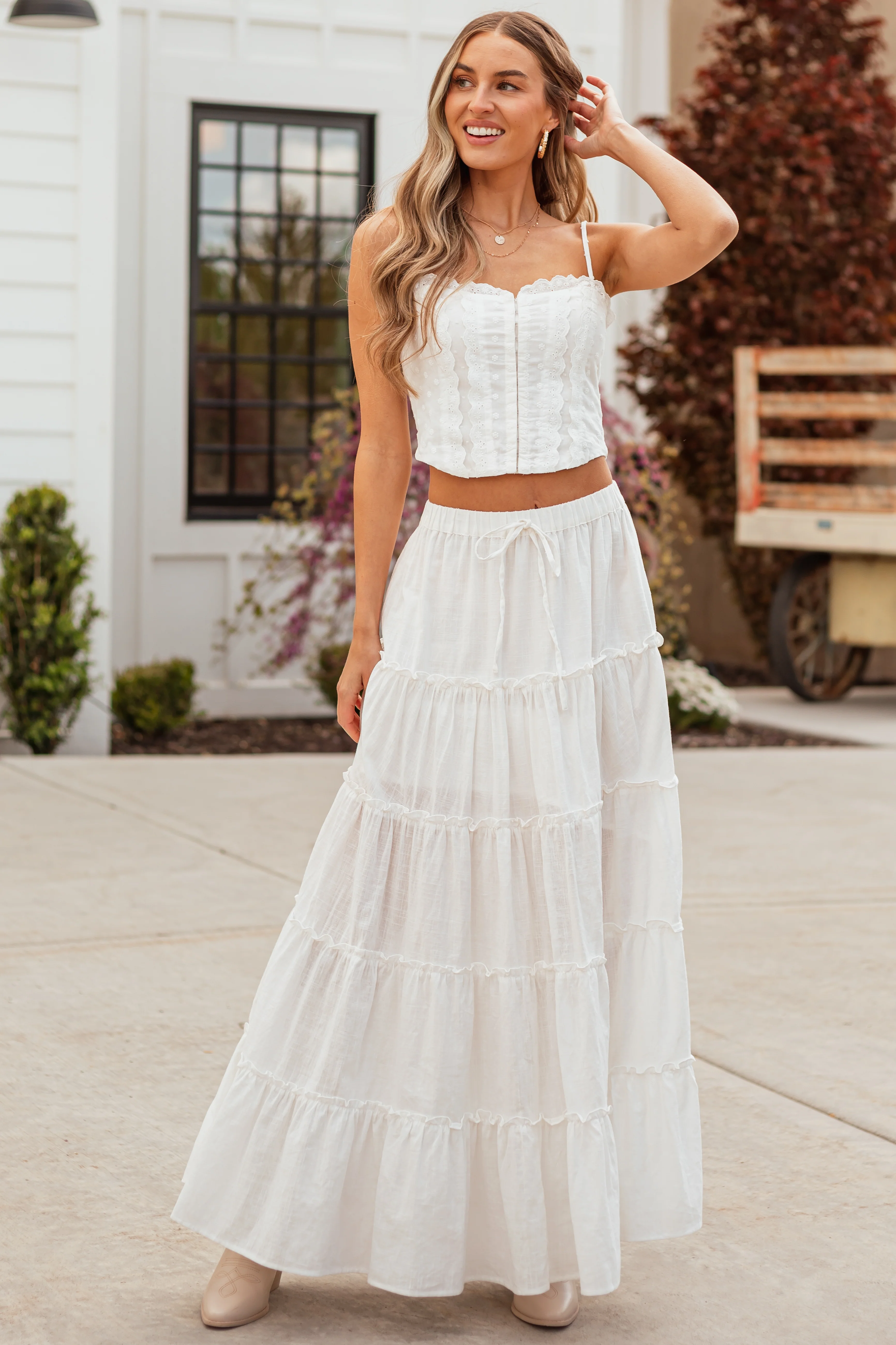 Ivory Tiered Frill Detail Drawstring Maxi Skirt - LD SALE