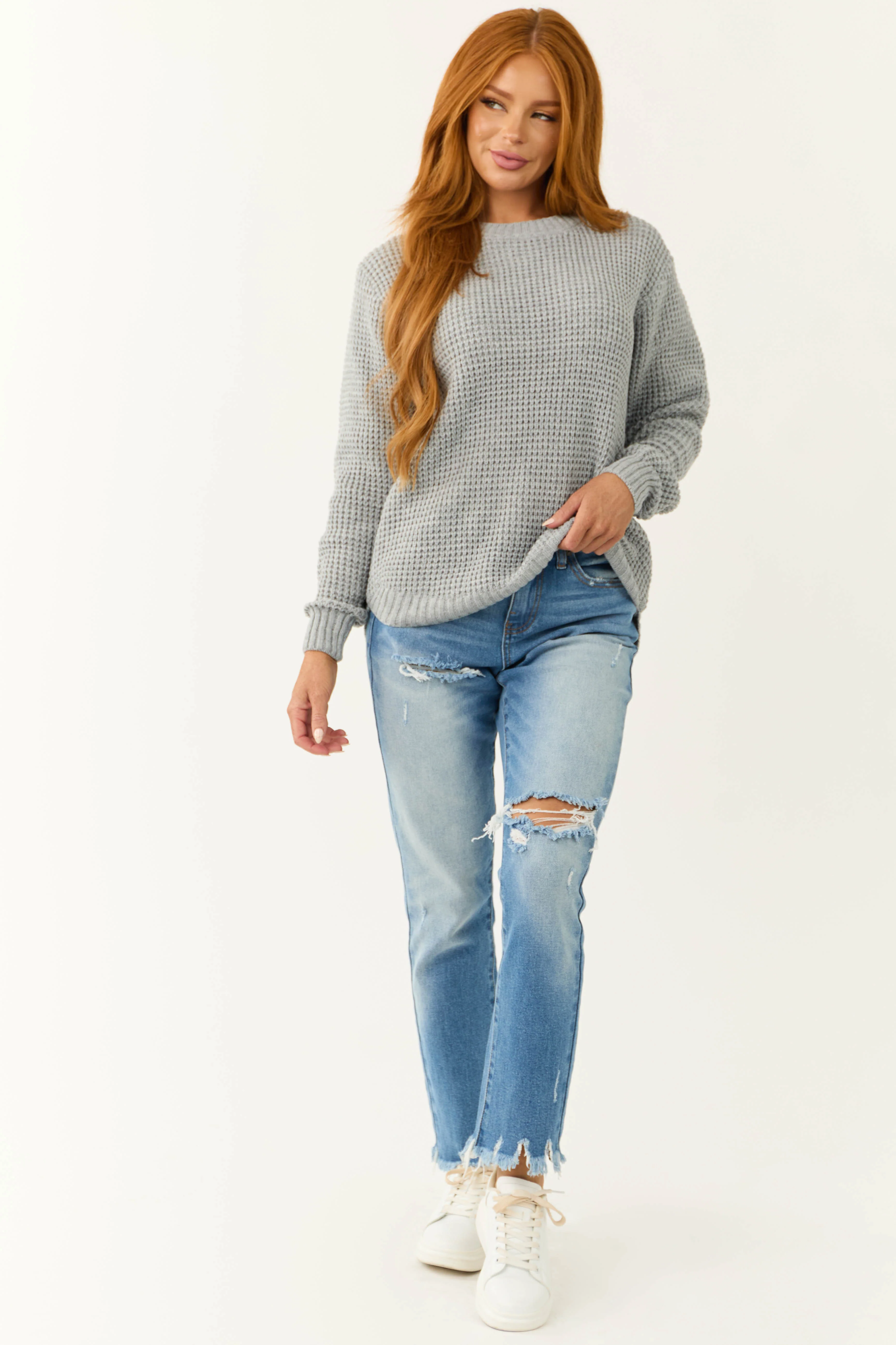 Dove Grey Thick Waffle Knit Curved Hem Sweater - LD SALE