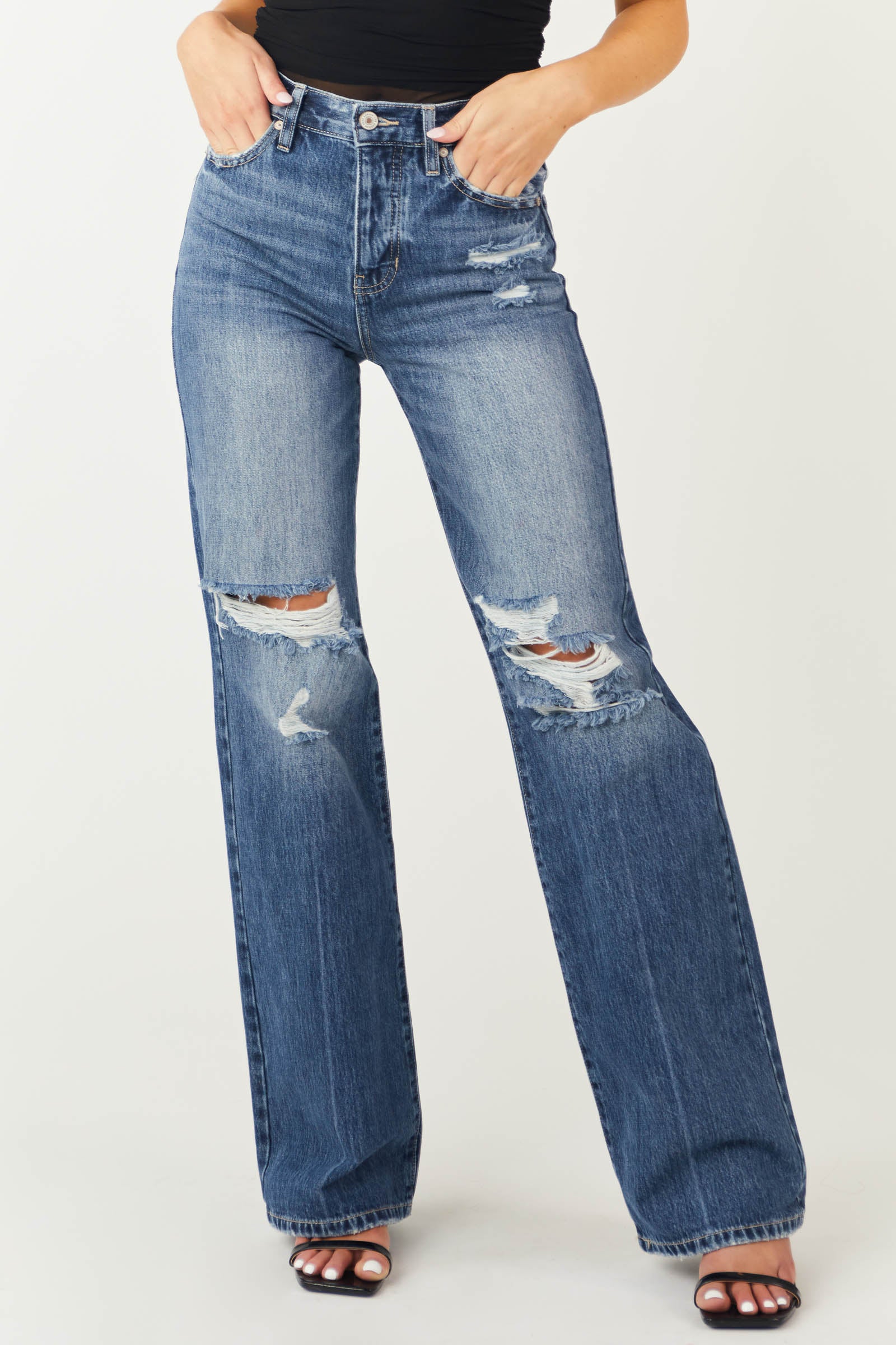 KanCan Medium Wash Distressed High Rise Straight Leg Jeans - LD SALE