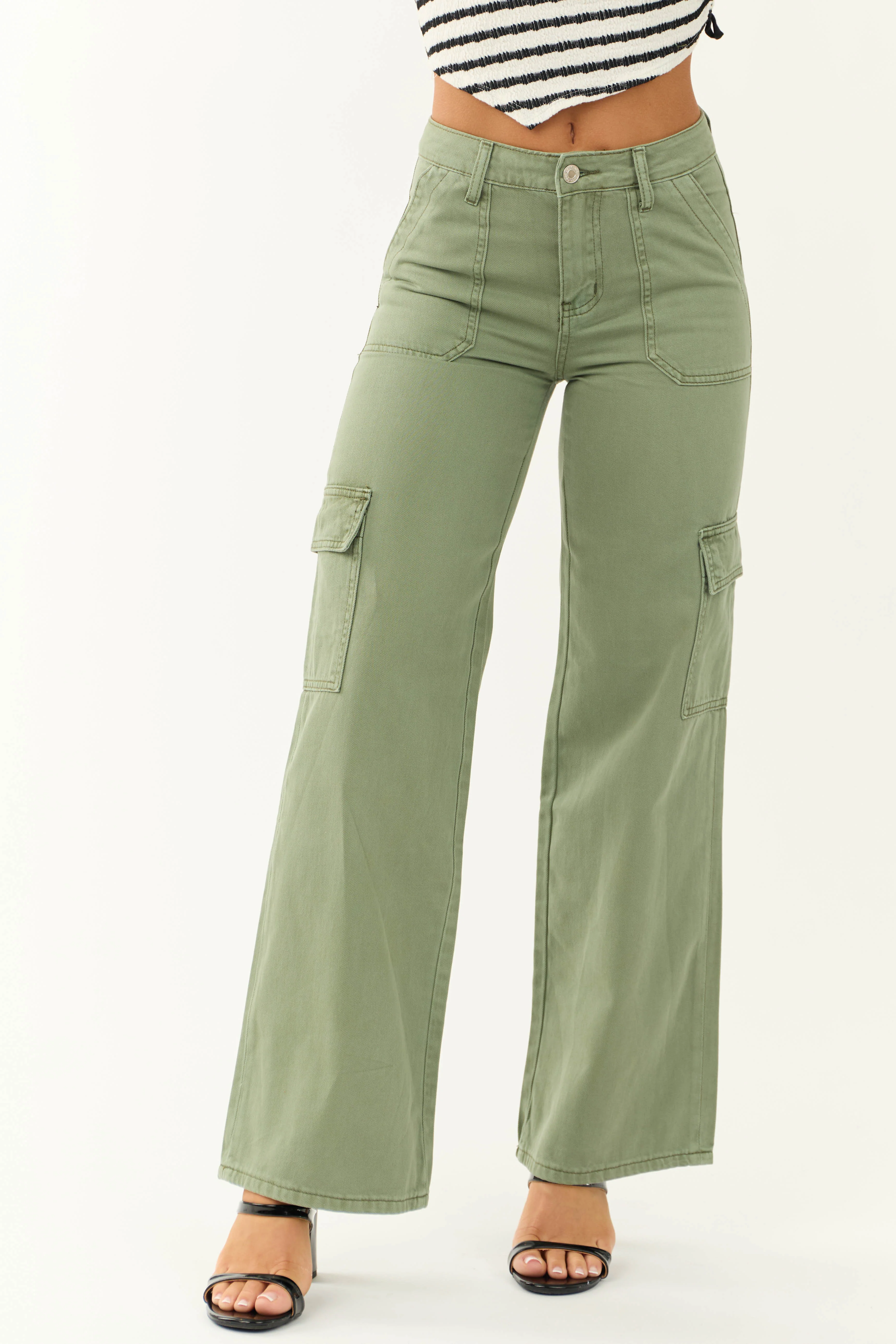 Vervet Olive High Rise Wide Leg Cargo Jeans - LD SALE