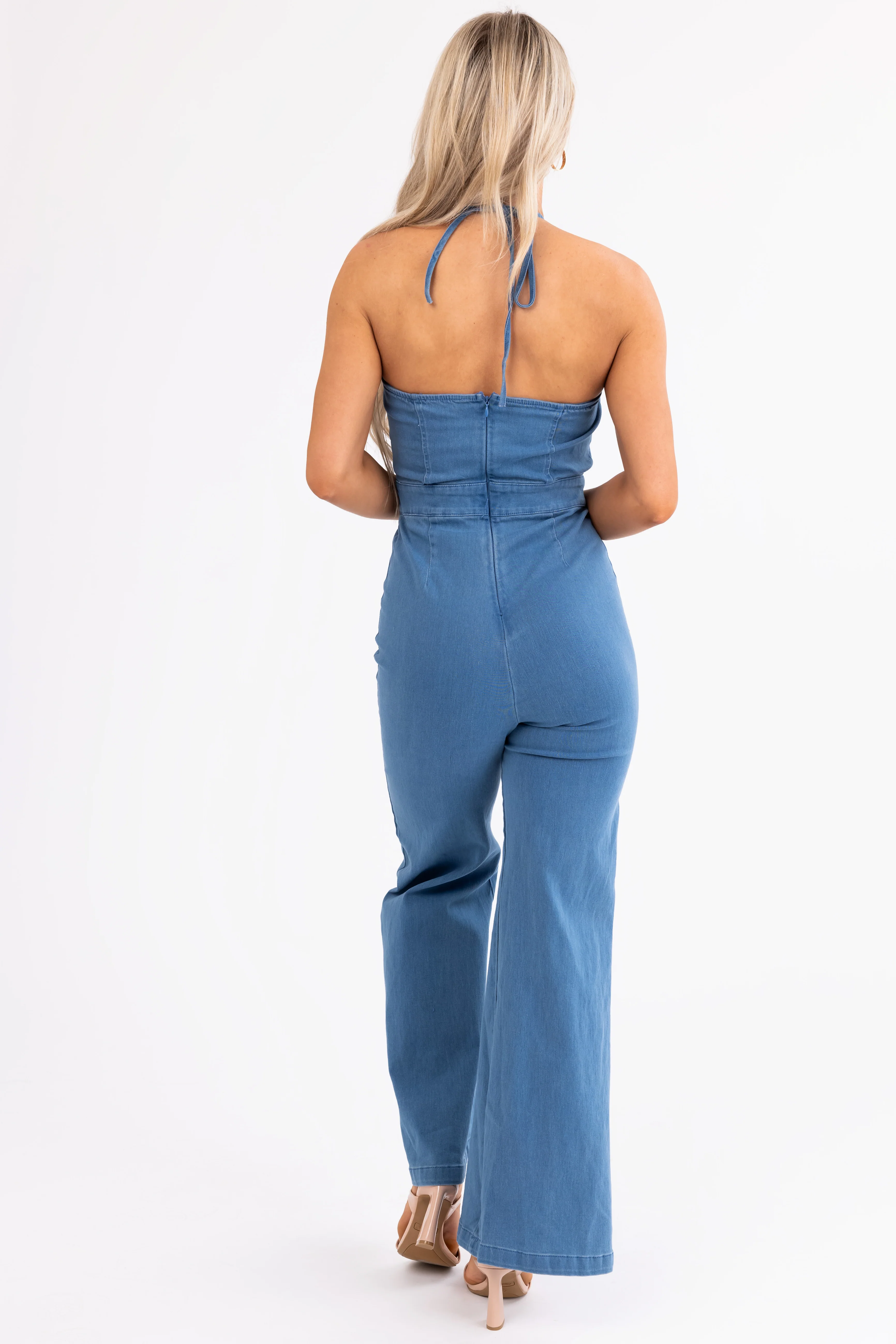Flying Tomato Medium Wash Halter Neck Jumpsuit - LD SALE