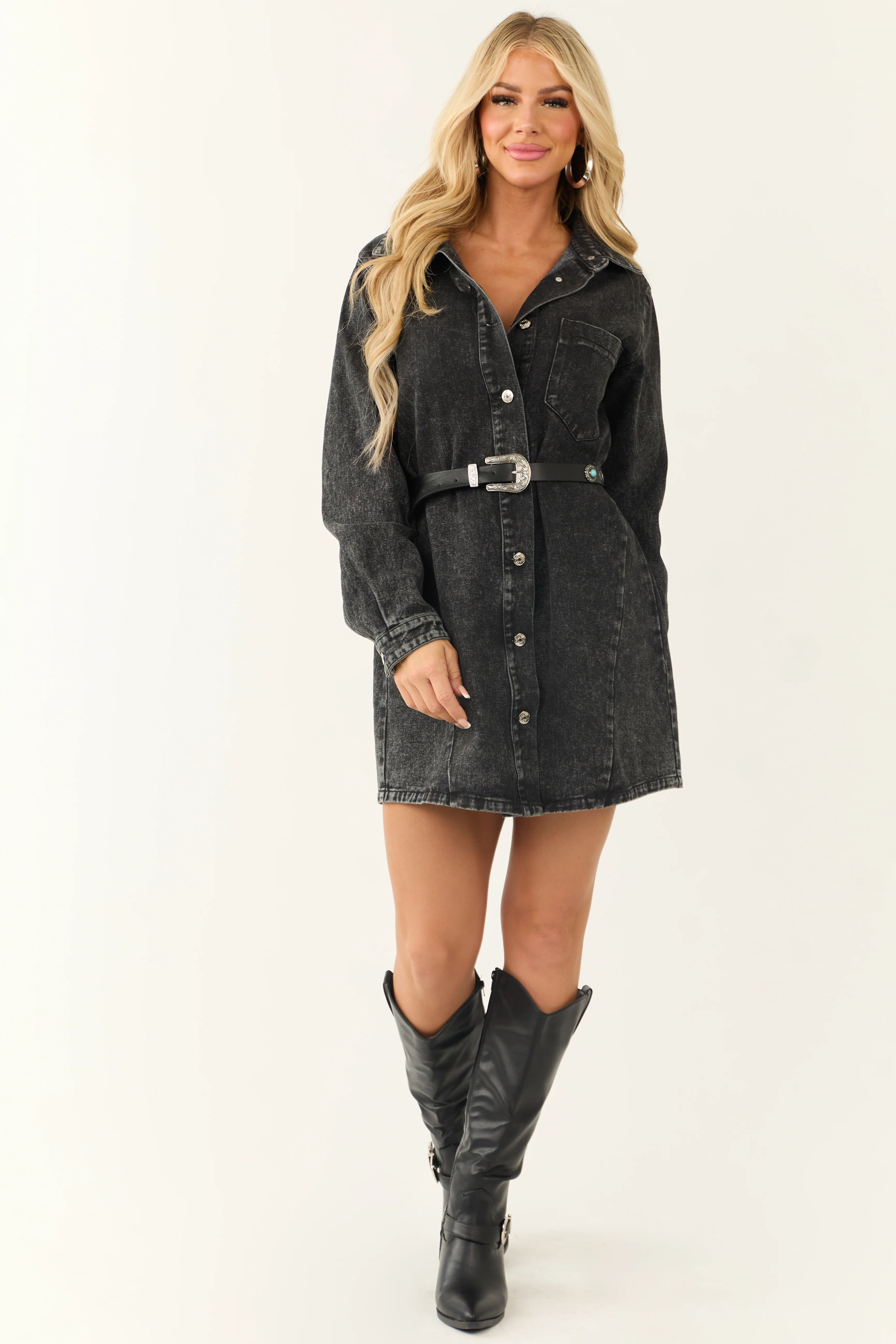 Black Denim Button Down Long Sleeve Mini Dress - LD SALE