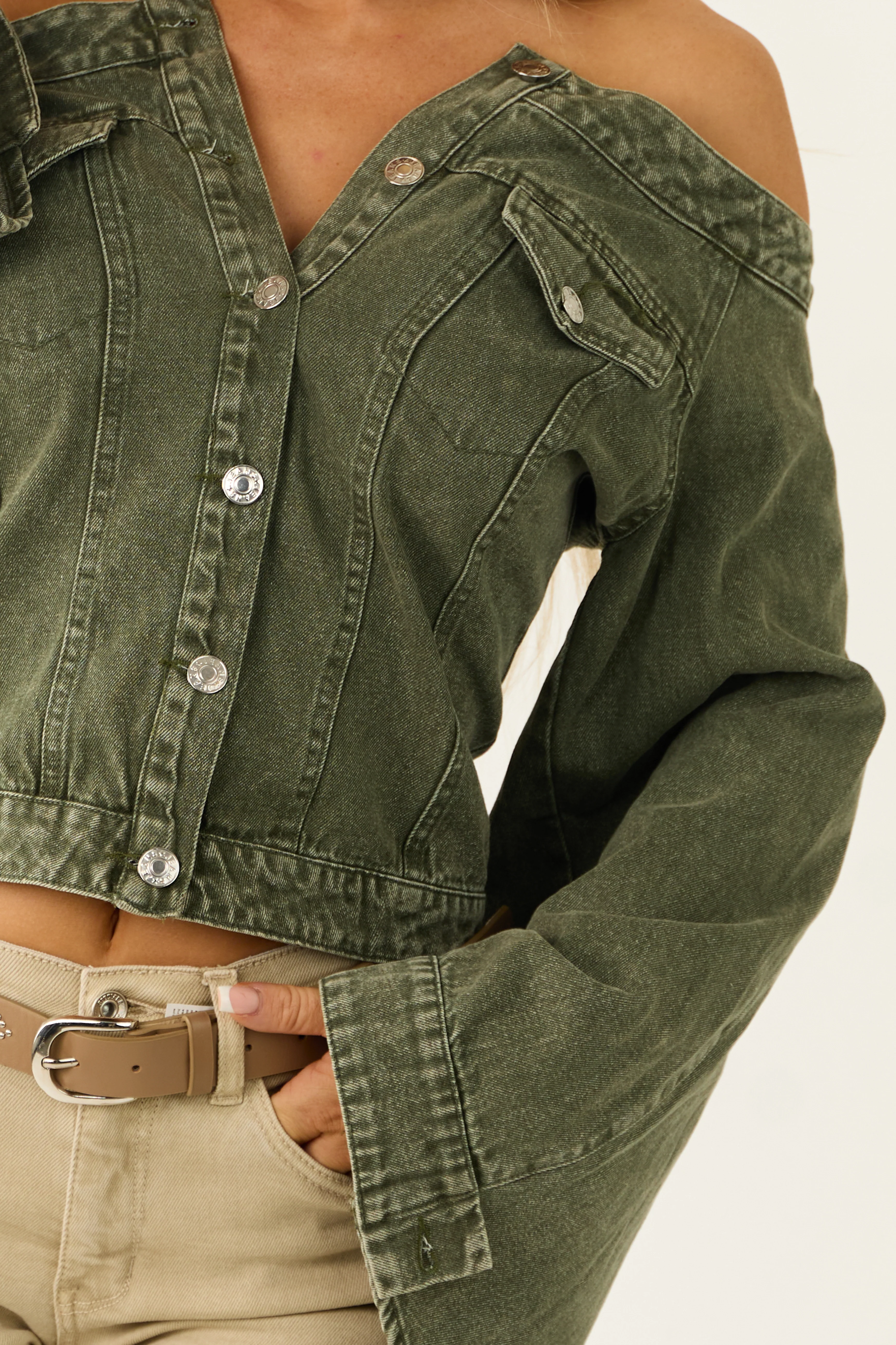 Washed Army Green Off the Shoulder Denim Jacket - LD SALE