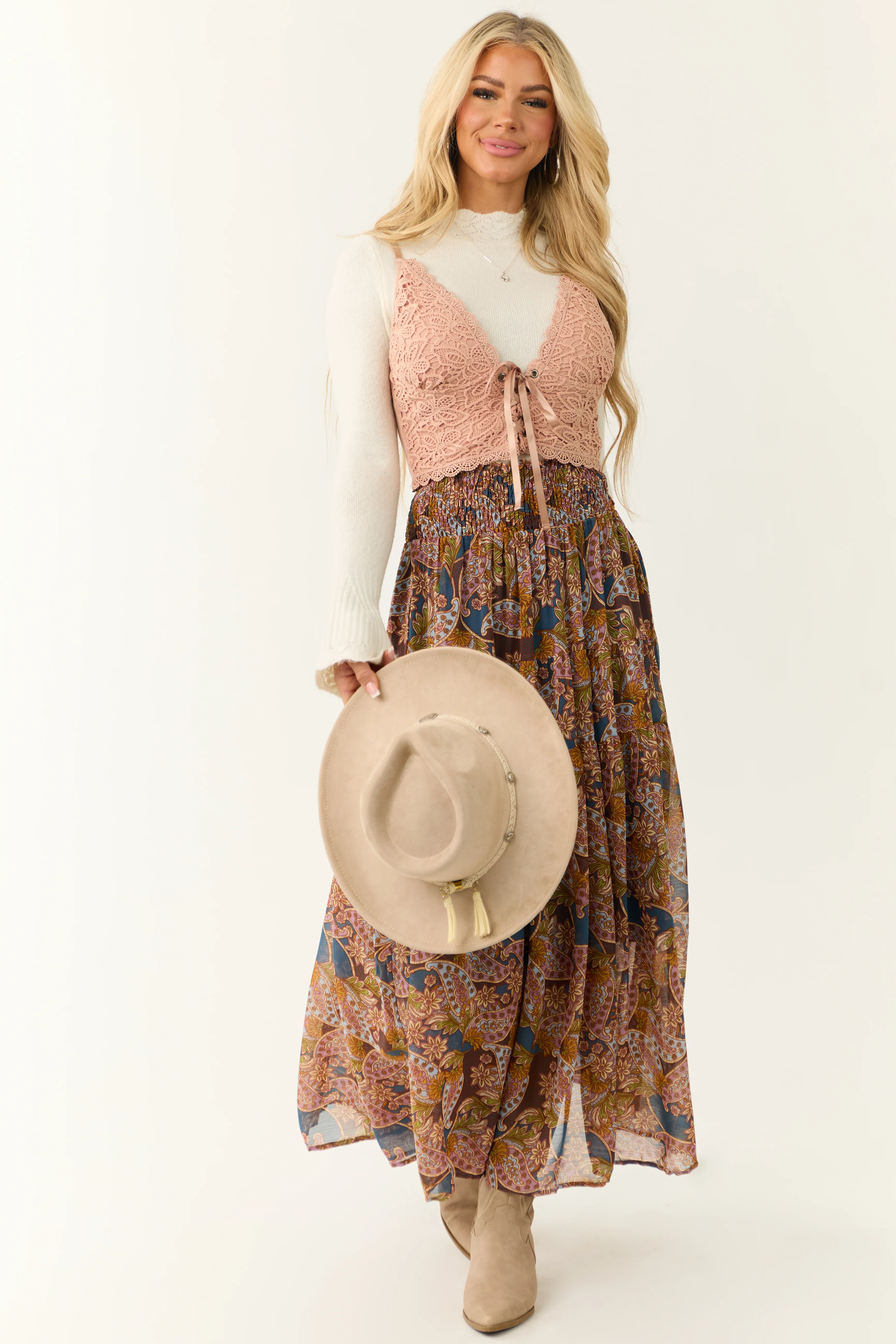 Peach Lace Up V Neck Brami Top - LD SALE