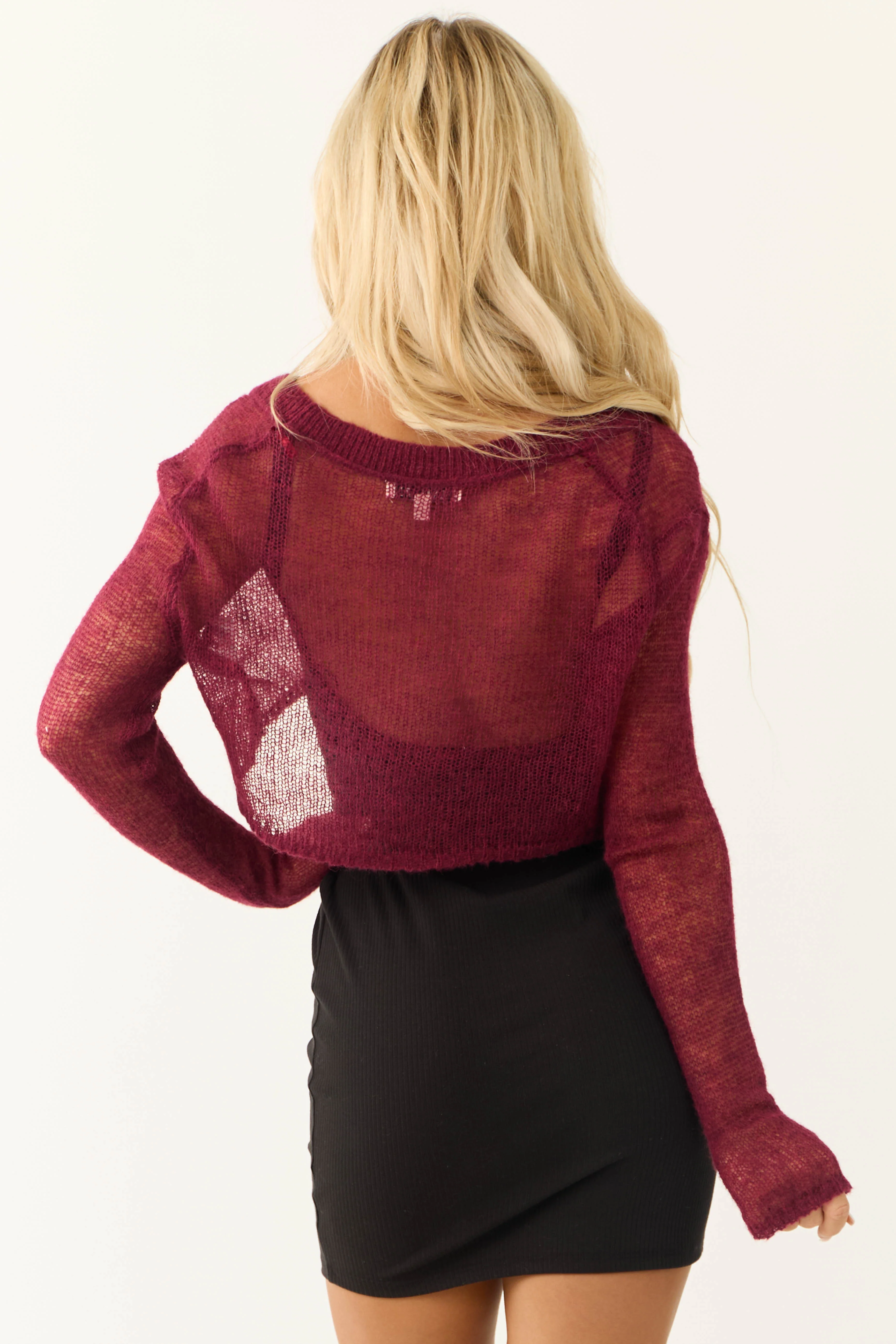 Wine Open Knit Cropped Cardigan - LD SALE