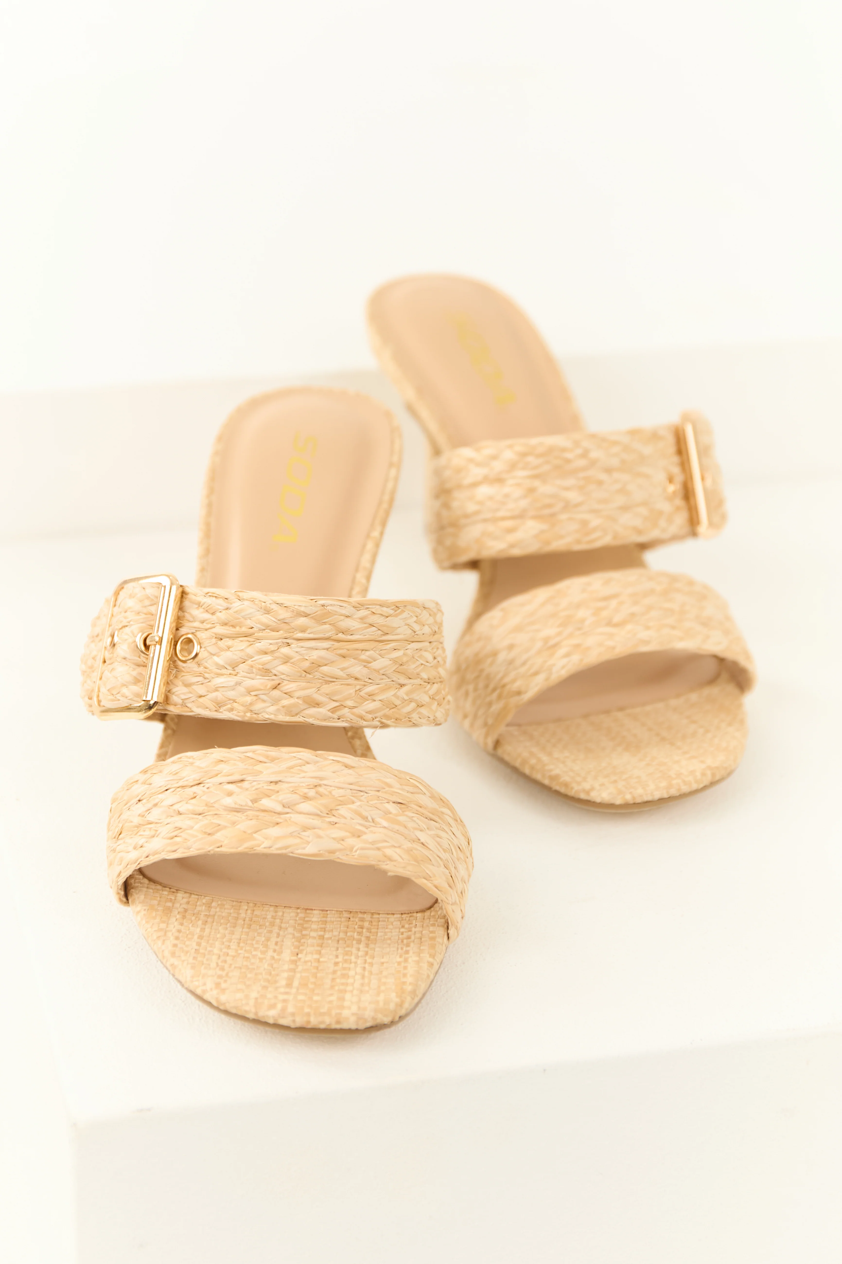 Sand Woven Double Strap Open Toed Heels - LD SALE