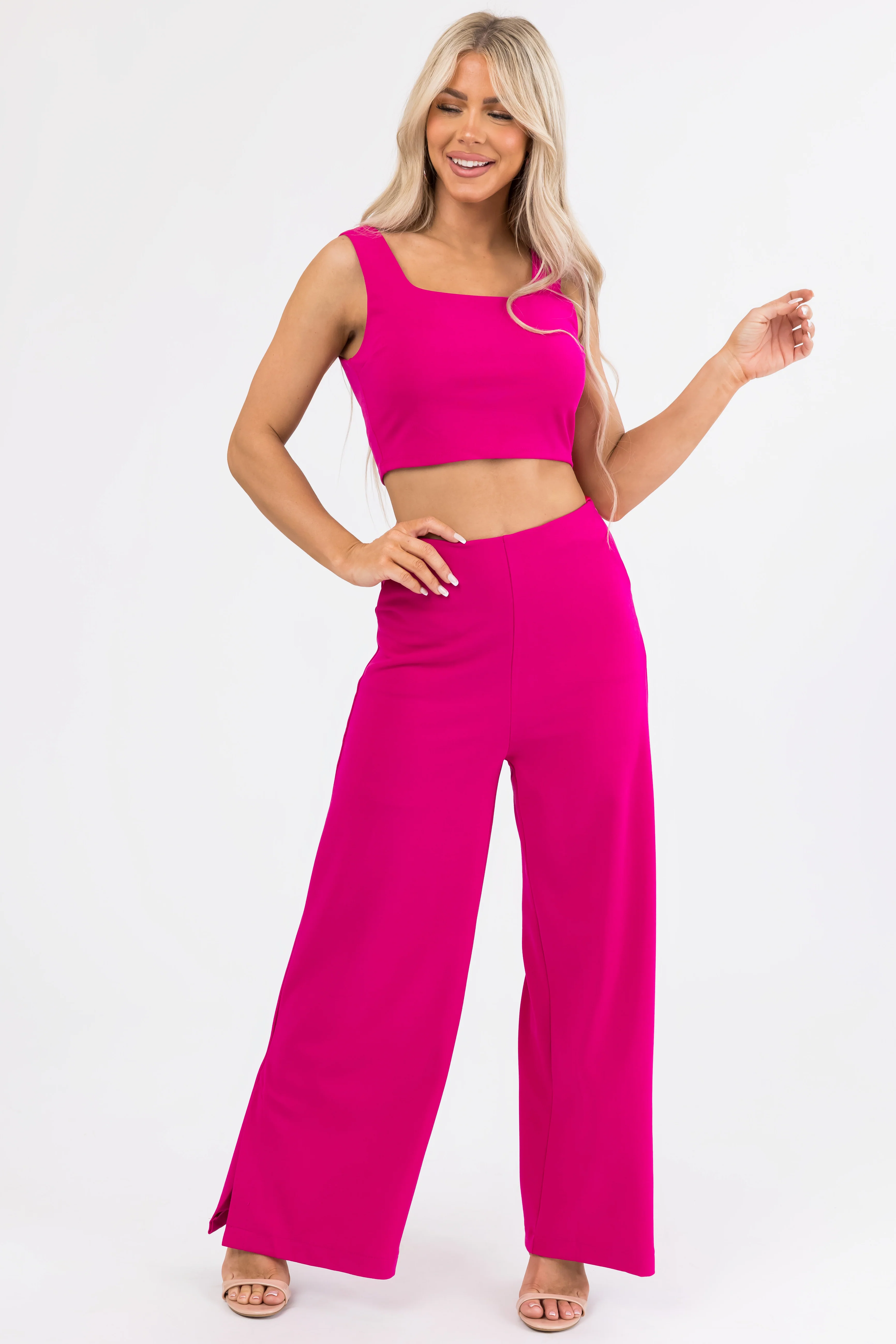 She+Sky Magenta Wide Leg Side Slit Knit Pants - LD SALE