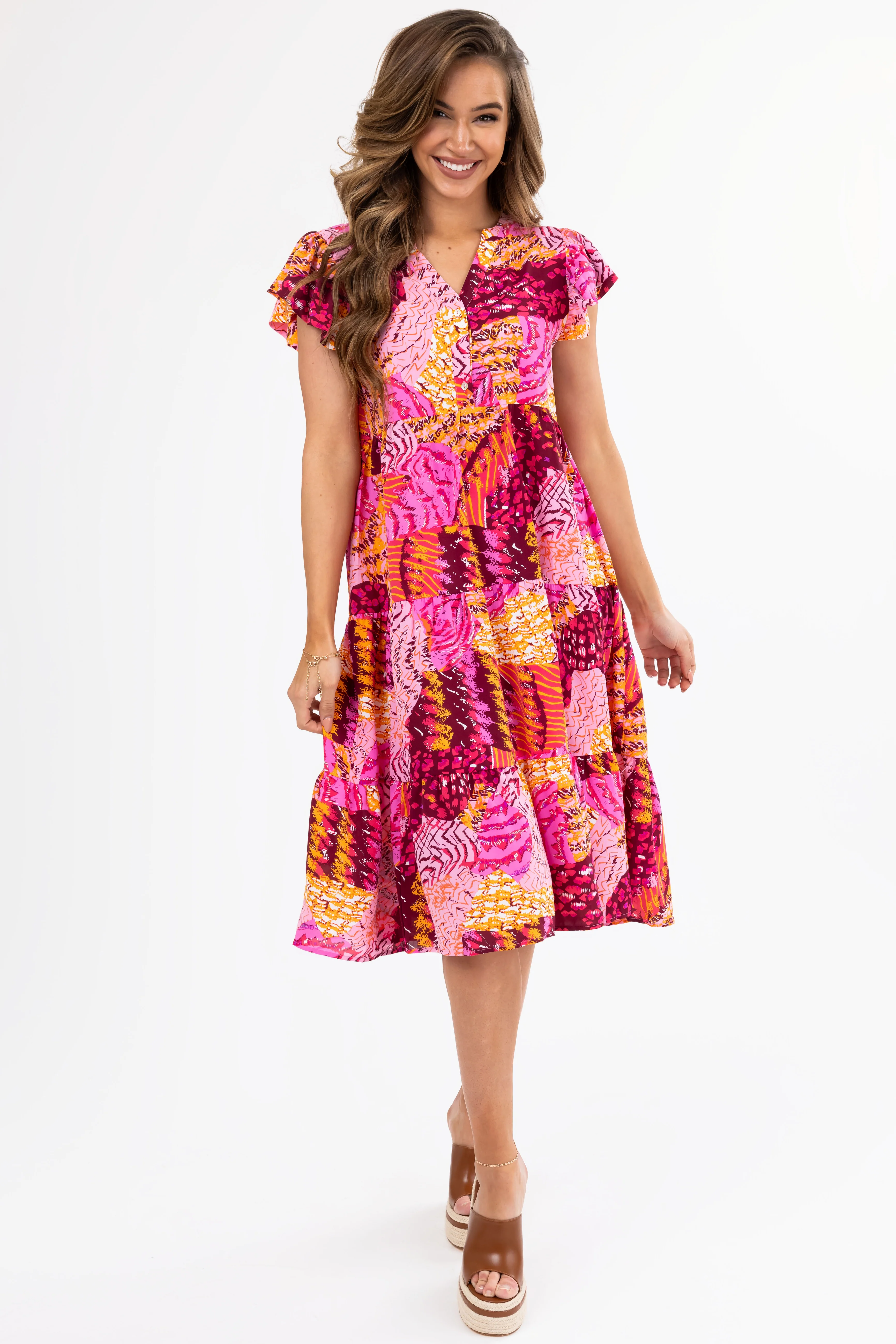 Fuchsia Abstract Print Short Sleeve Midi Dress - LD SALE