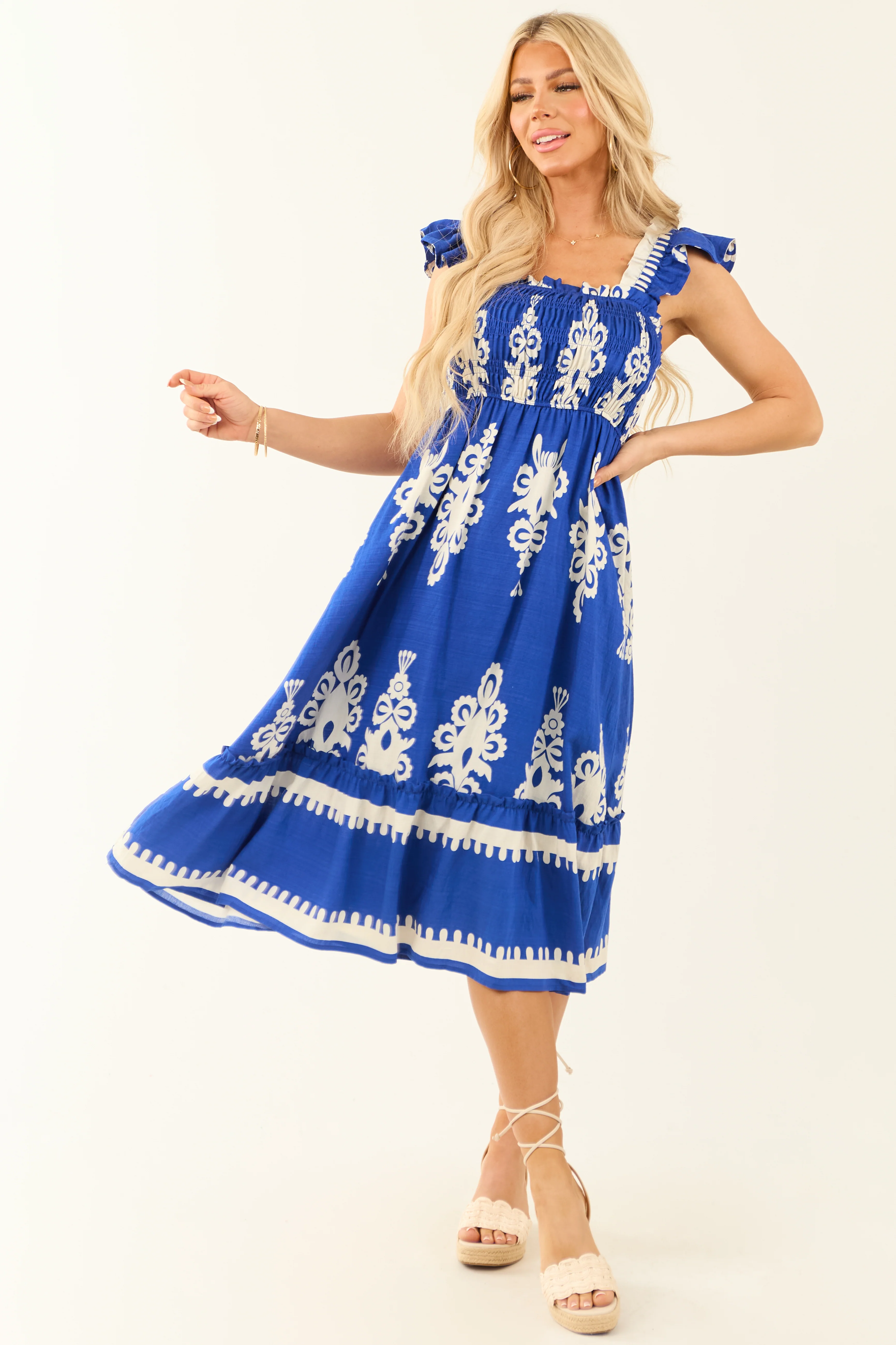 Cobalt and White Abstract Print Smocked Midi Sun Dress - LD SALE