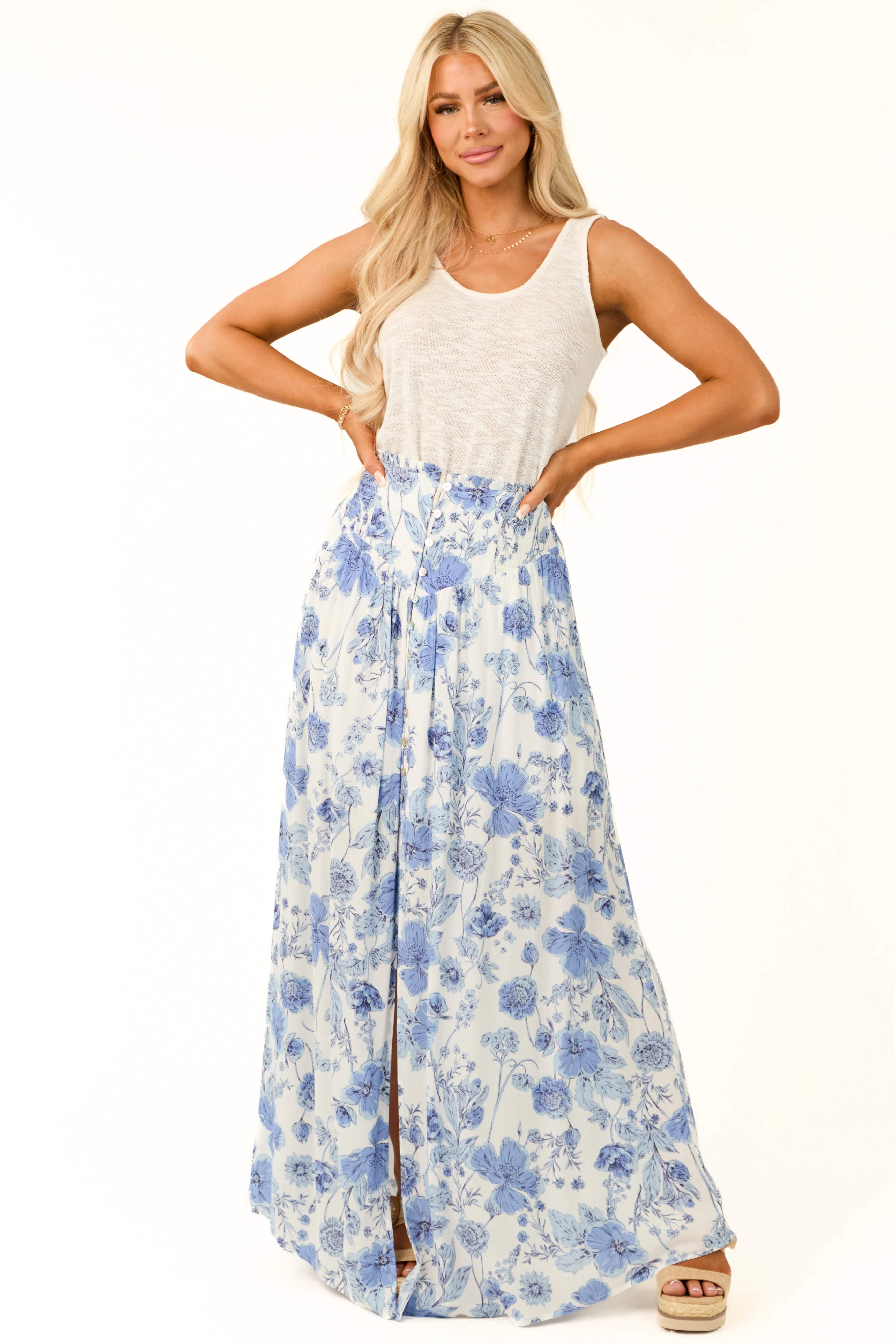 Ivory Floral Print Smocked Waist Maxi Skirt - LD SALE