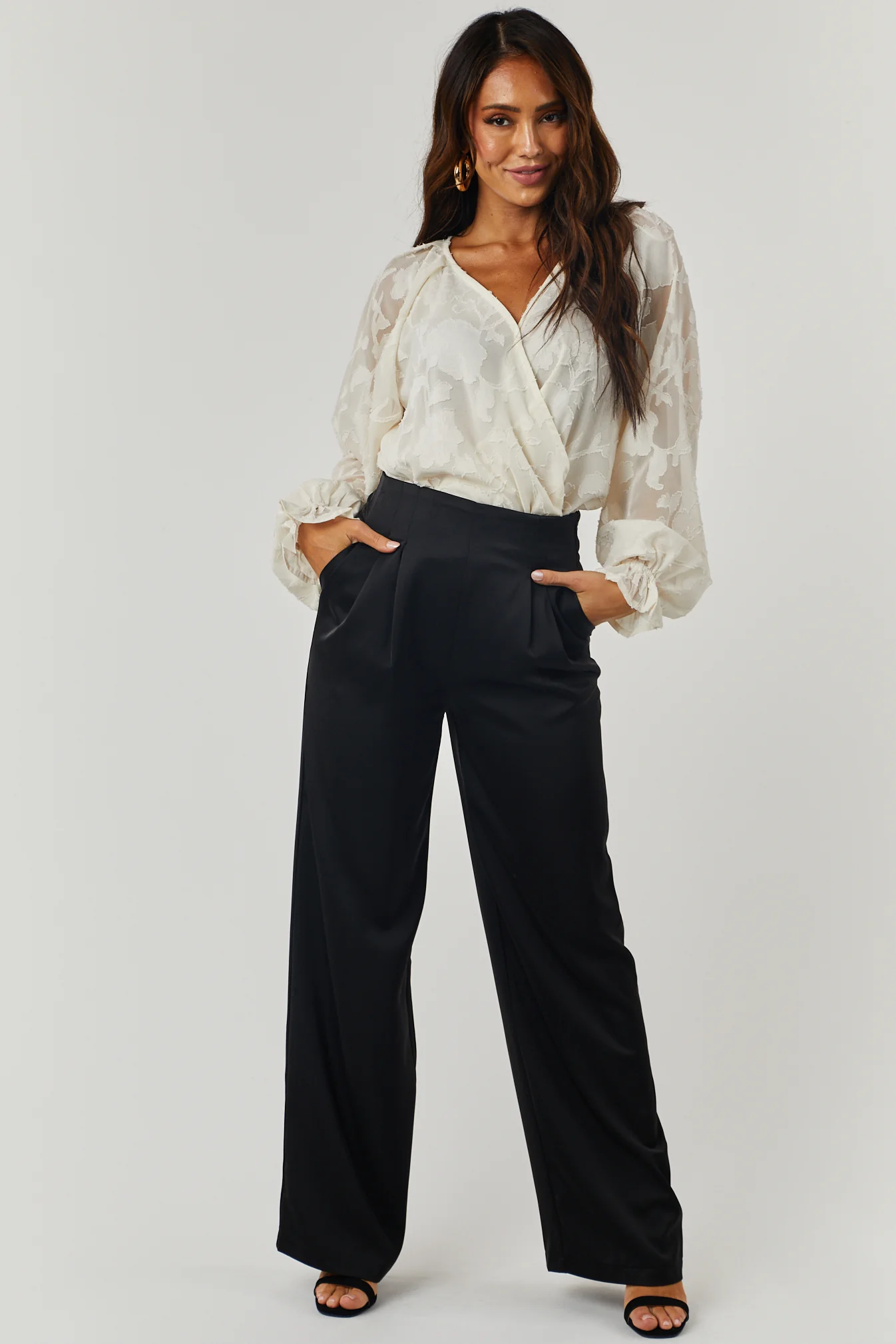Black Satin High Waisted Wide Leg Pants with Pockets - LD SALE