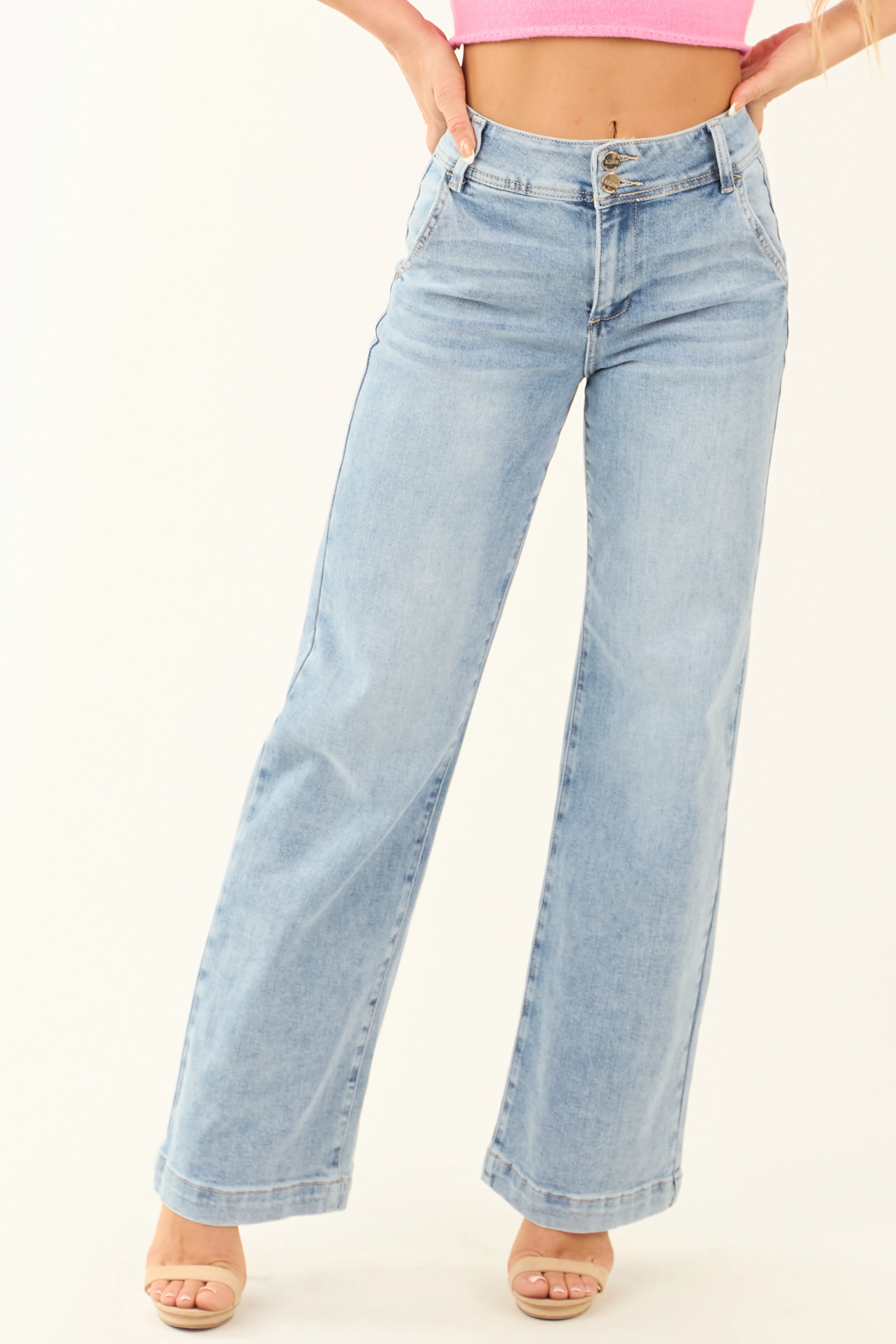 Risen Light Wash Stretchy Double Button Wide Leg Jeans - LD SALE