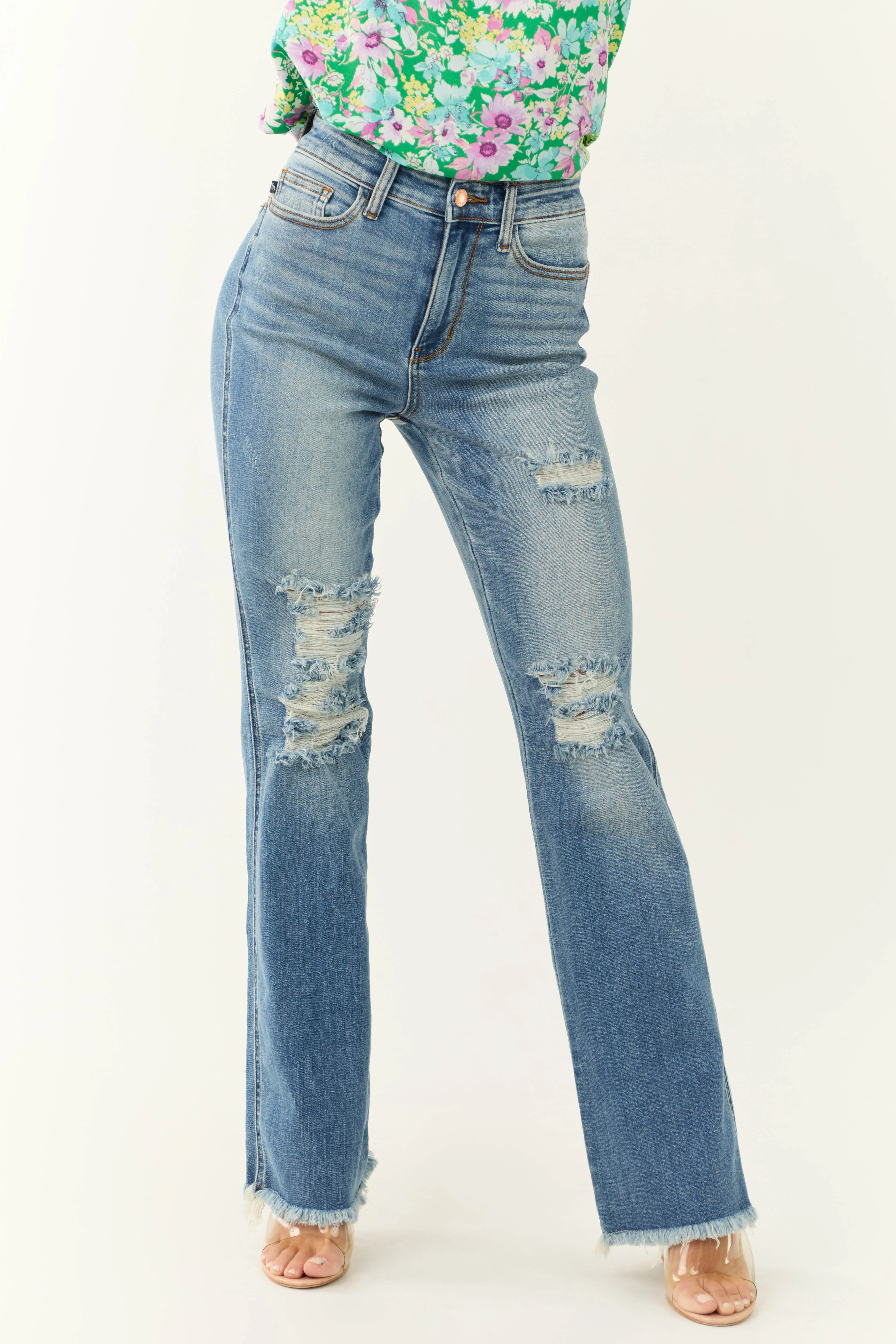 Judy Blue Medium Wash Distressed Flare Jeans - LD SALE