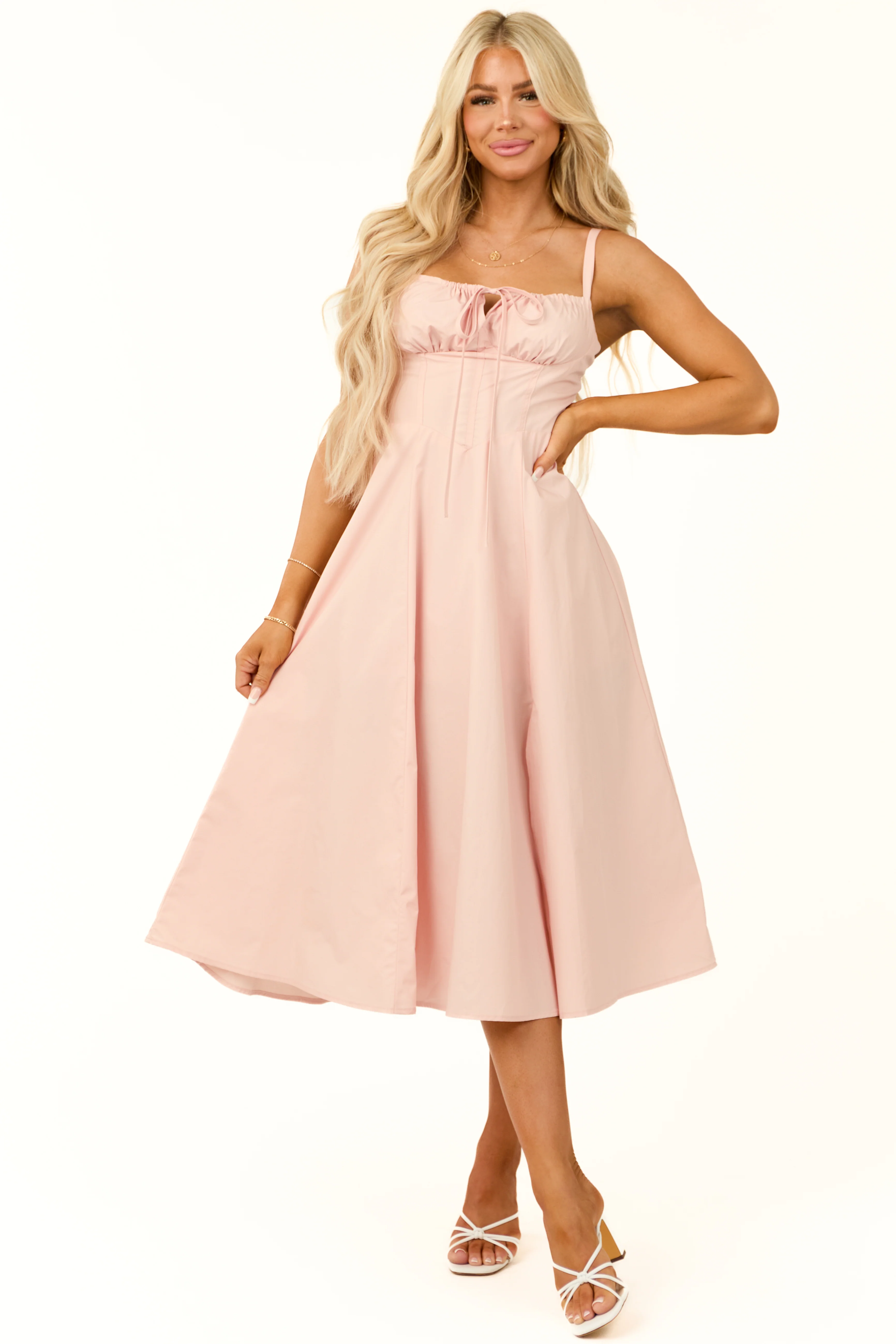 Blush Sleeveless Front Tie Smocked Midi Dress - LD SALE