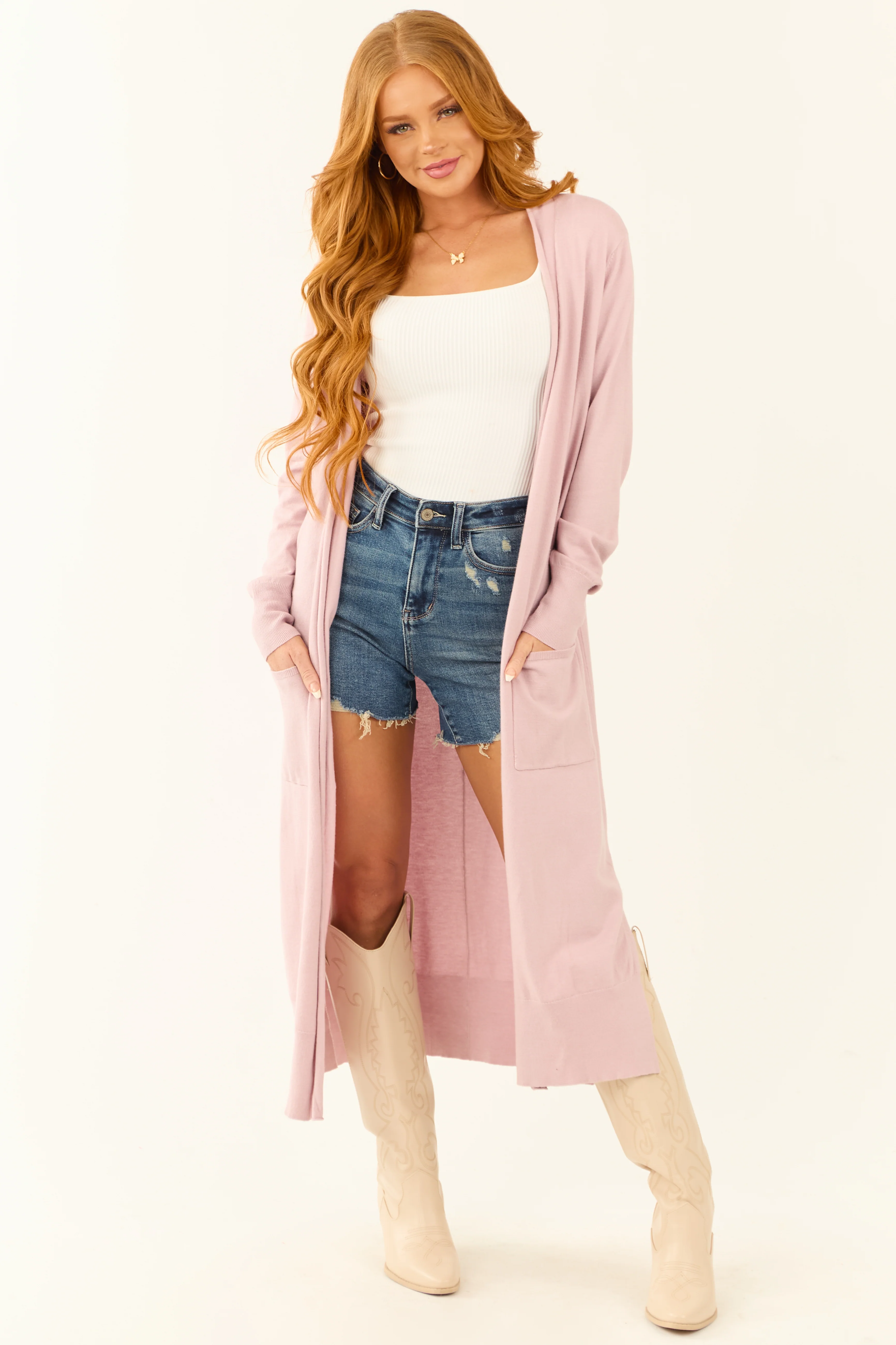 Mauve Open Front A-Line Long Sleeve Duster Cardigan - LD SALE