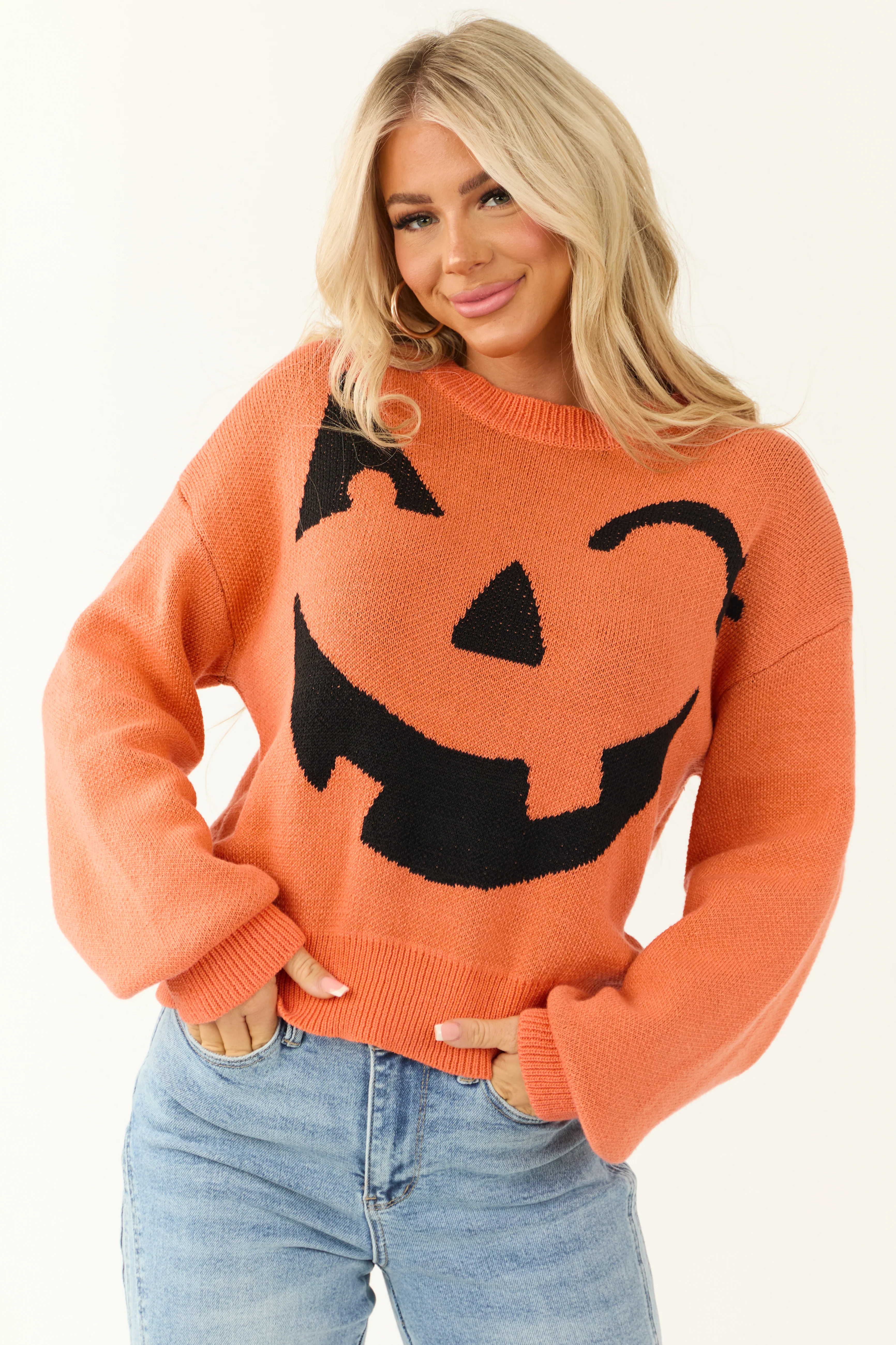Pumpkin and Black Graphic Long Sleeve Sweater - LD SALE