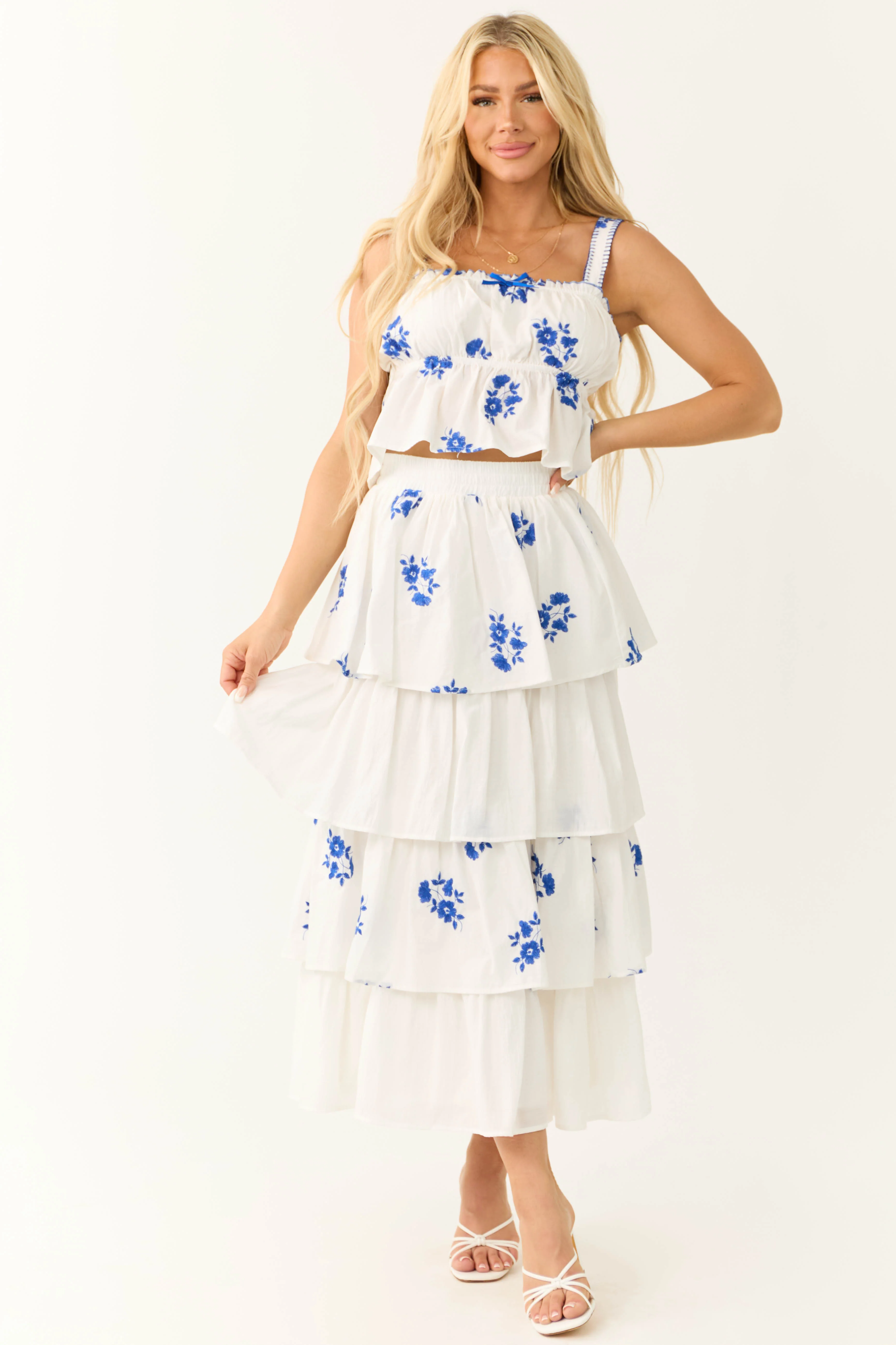 White and Cobalt Floral Embroidered Skirt - LD SALE