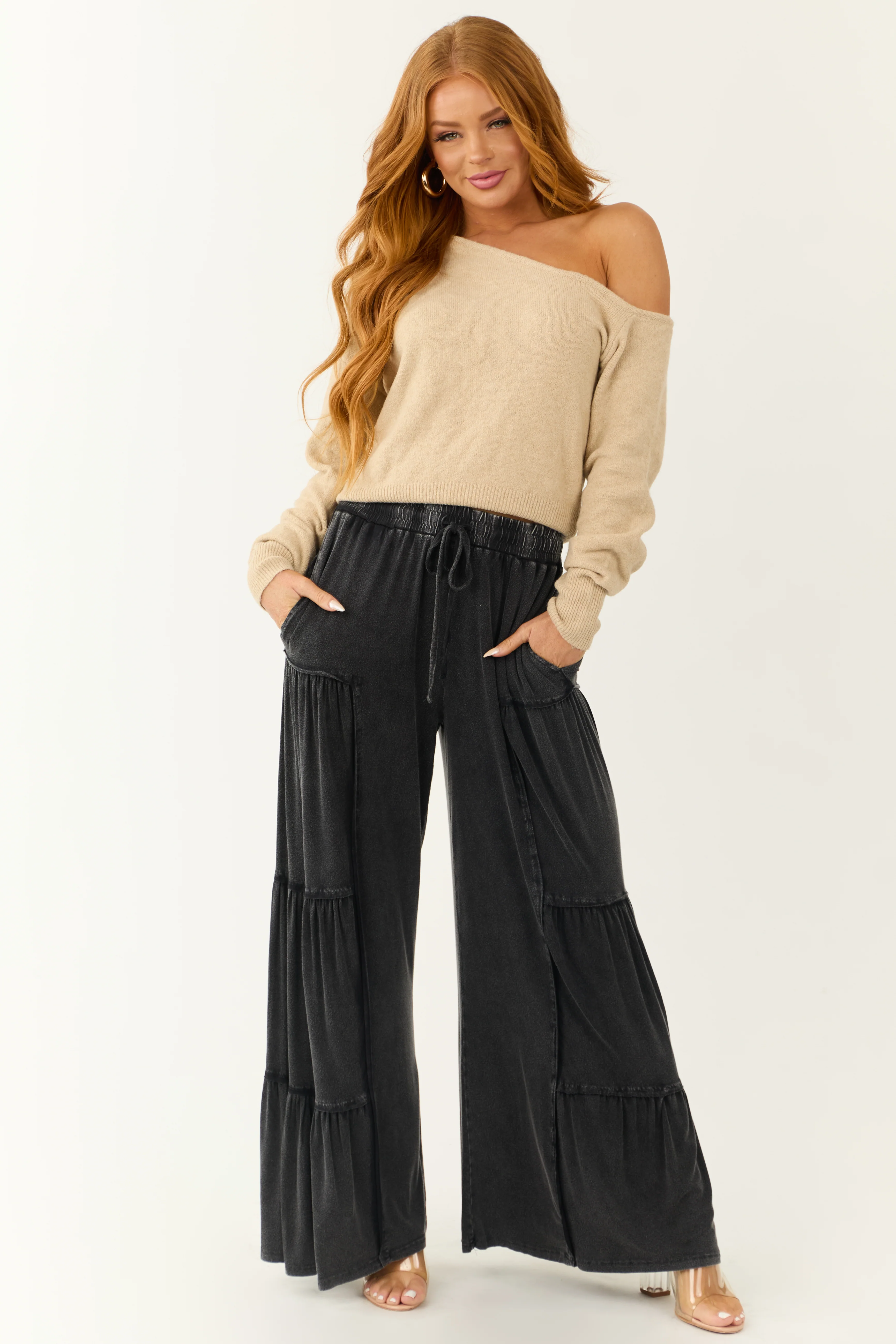 Charcoal Mineral Wash Tiered Wide Leg Pants - LD SALE