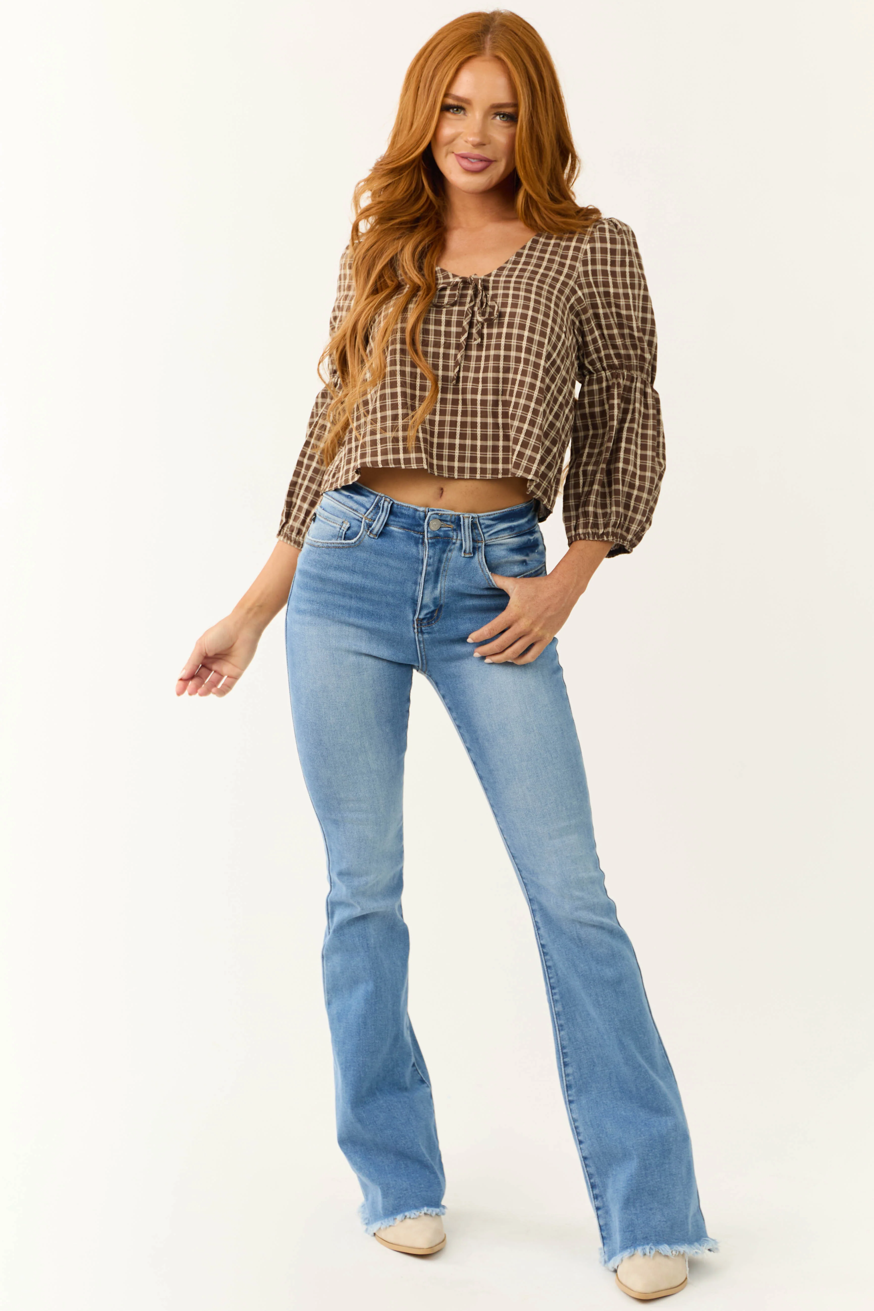 Walnut Plaid 3/4 Cinch Sleeve Top - LD SALE