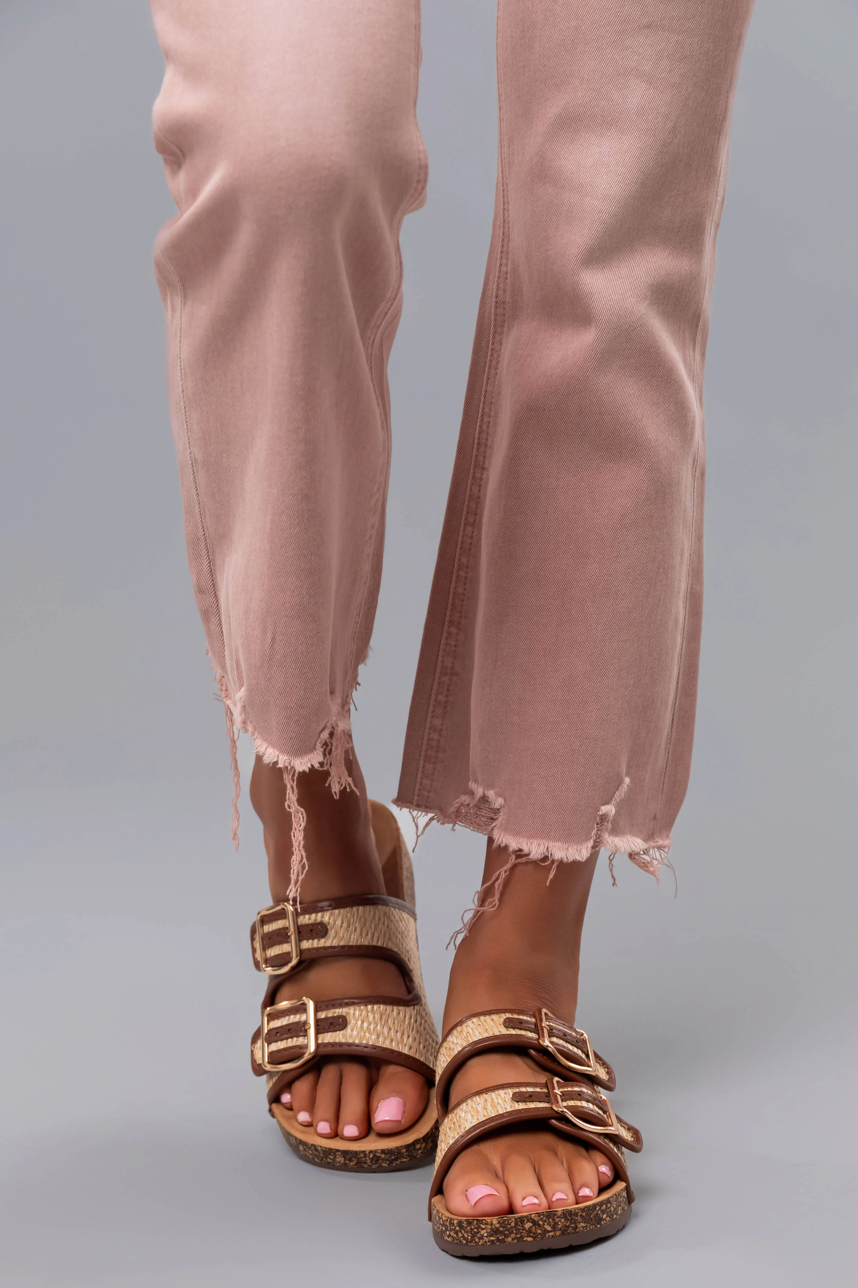 Sand Raffia Woven Cork Slide Sandals - LD SALE