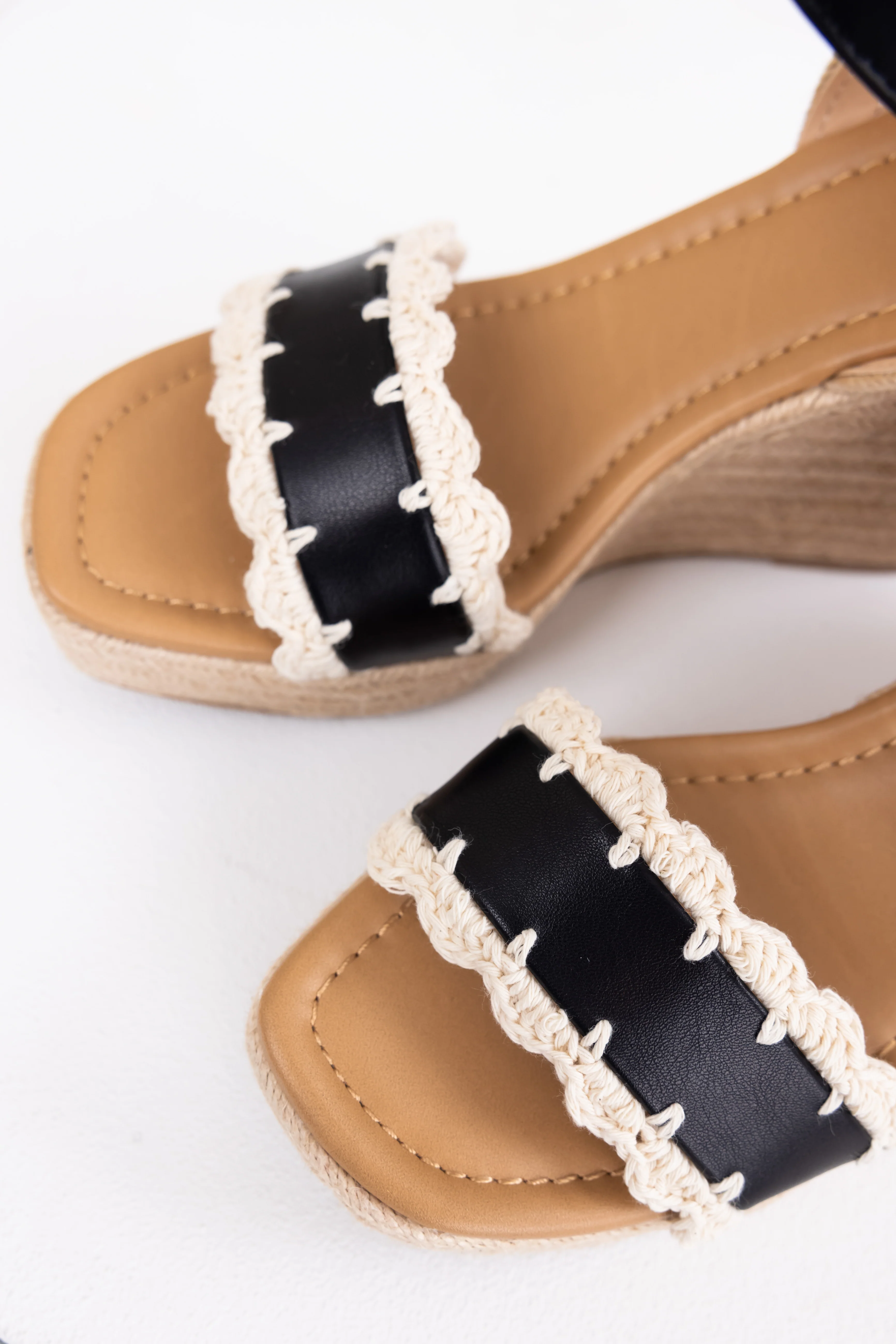 Black Crochet Trim Strap Espadrille Wedges - LD SALE