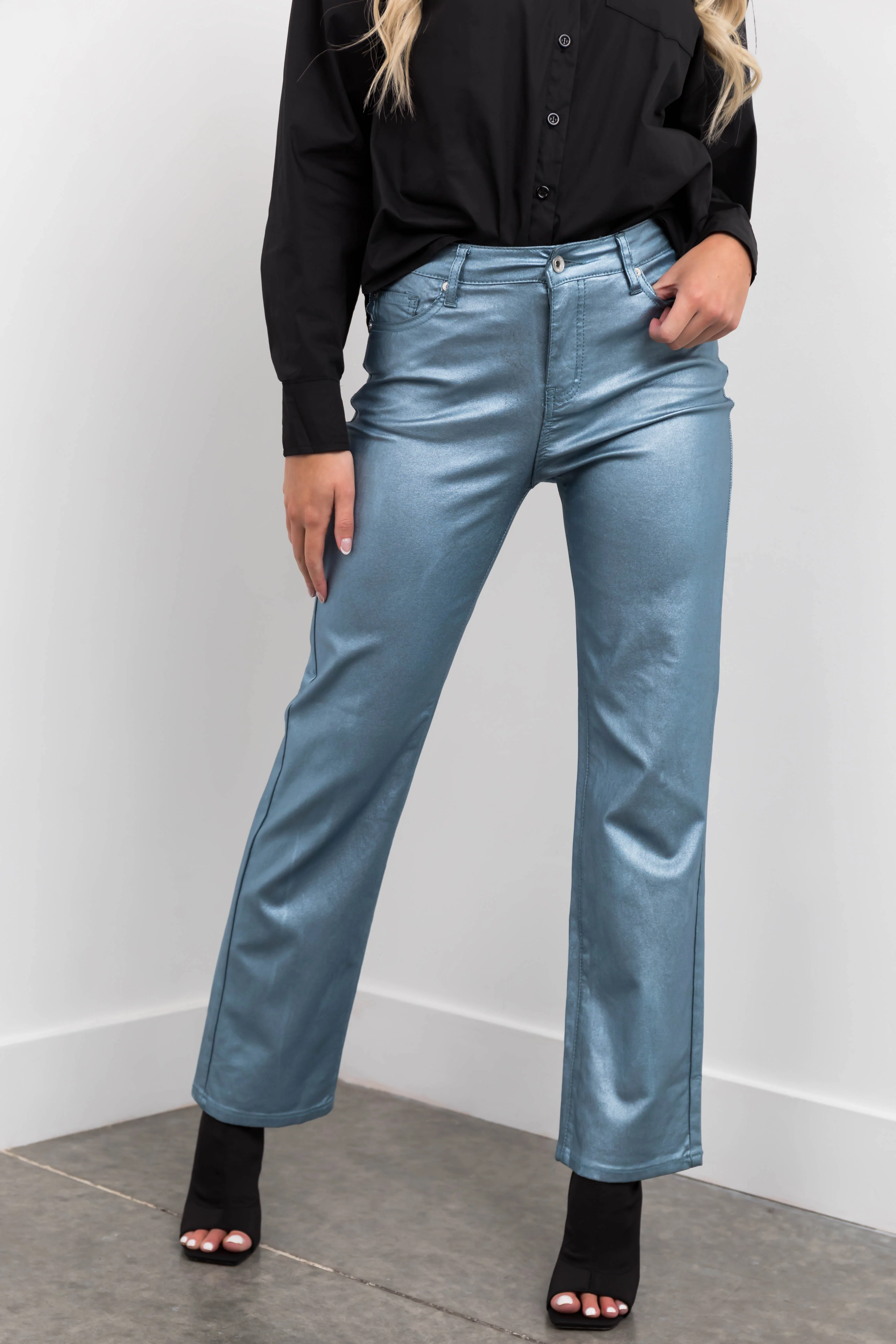 Powder Blue Metallic High Rise Dad Jeans - LD SALE