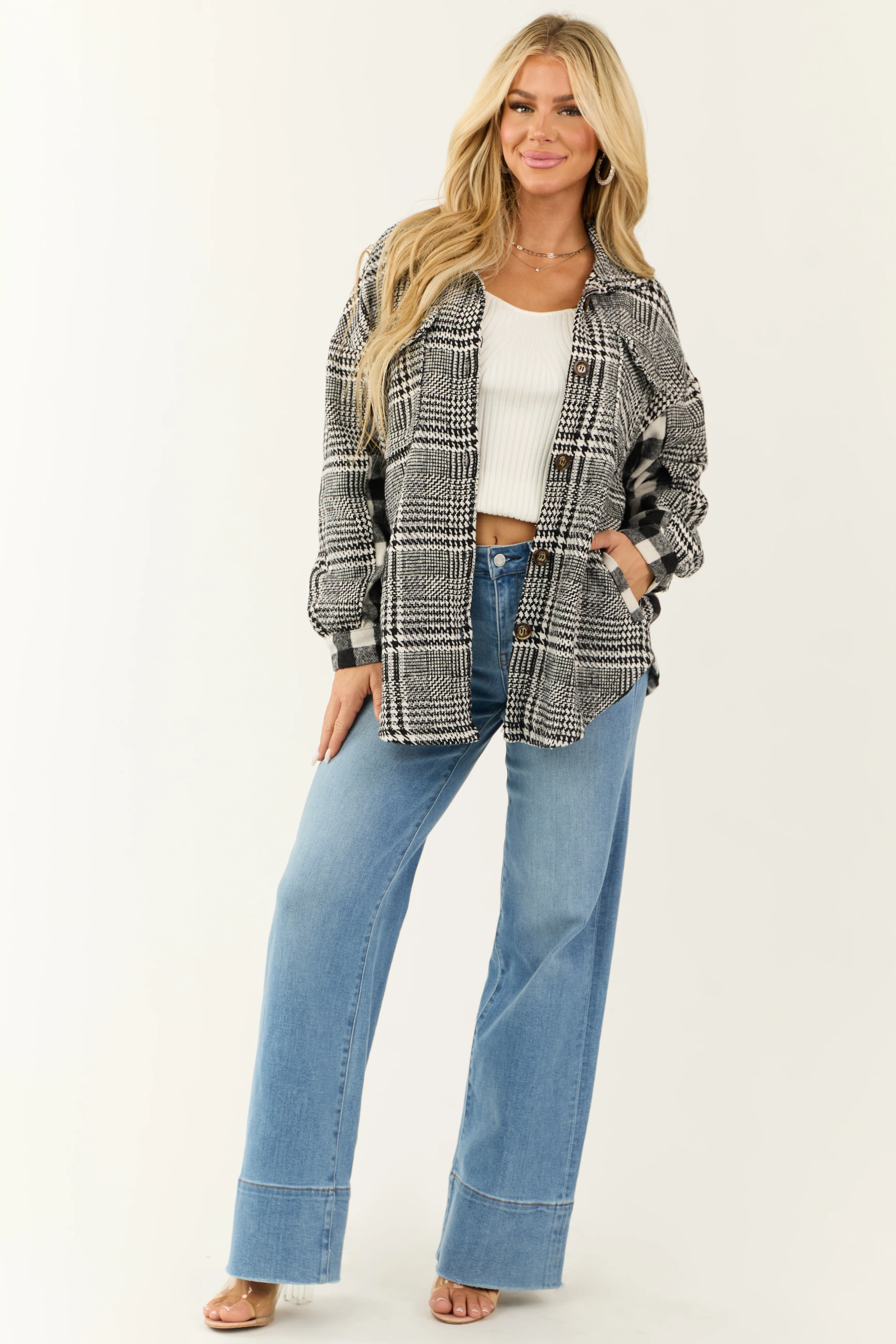 Black and Ivory Mixed Plaid and Gingham Shacket - LD SALE
