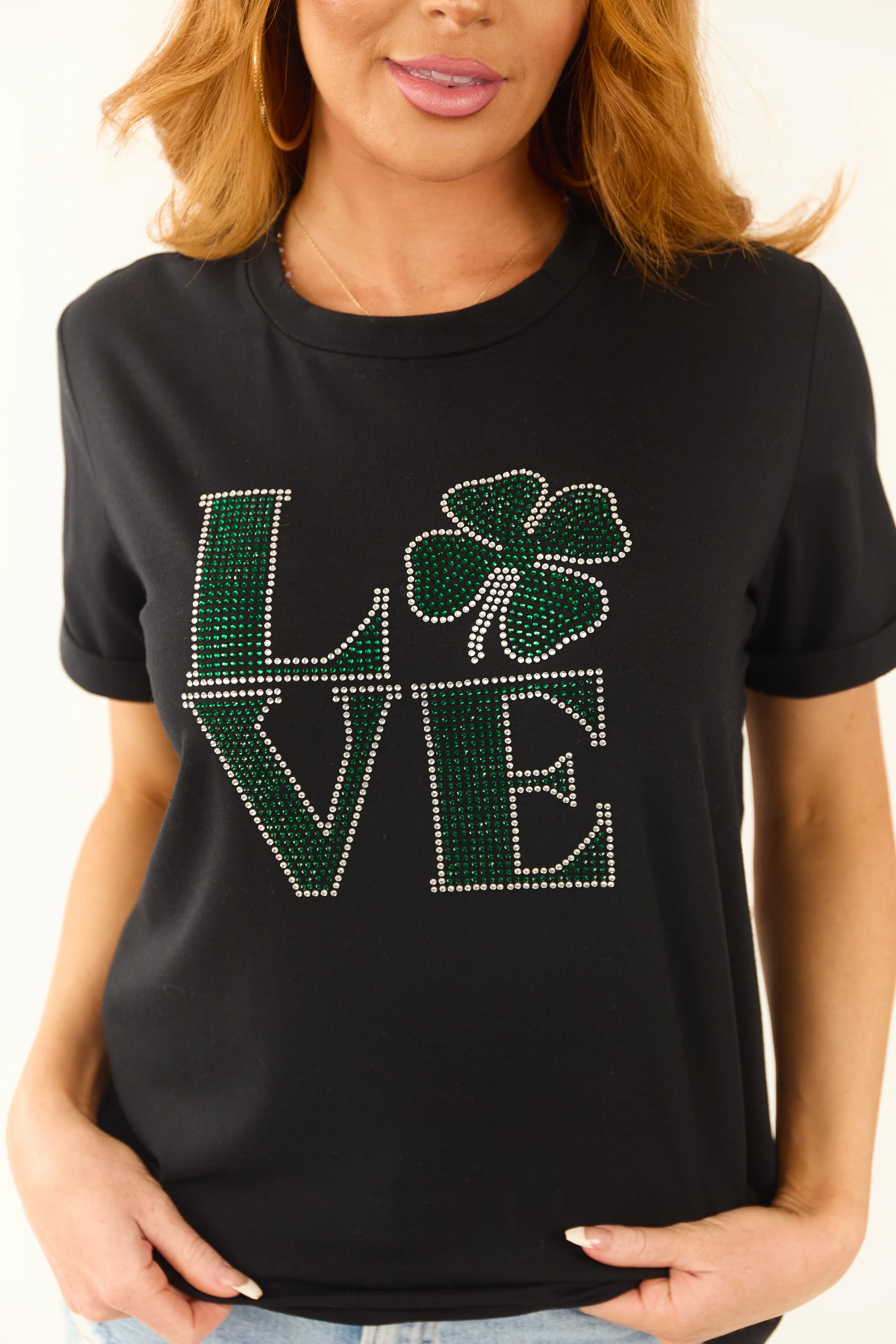 Black 'Love' St Patricks Rhinestone Clover Letter Tee - LD SALE