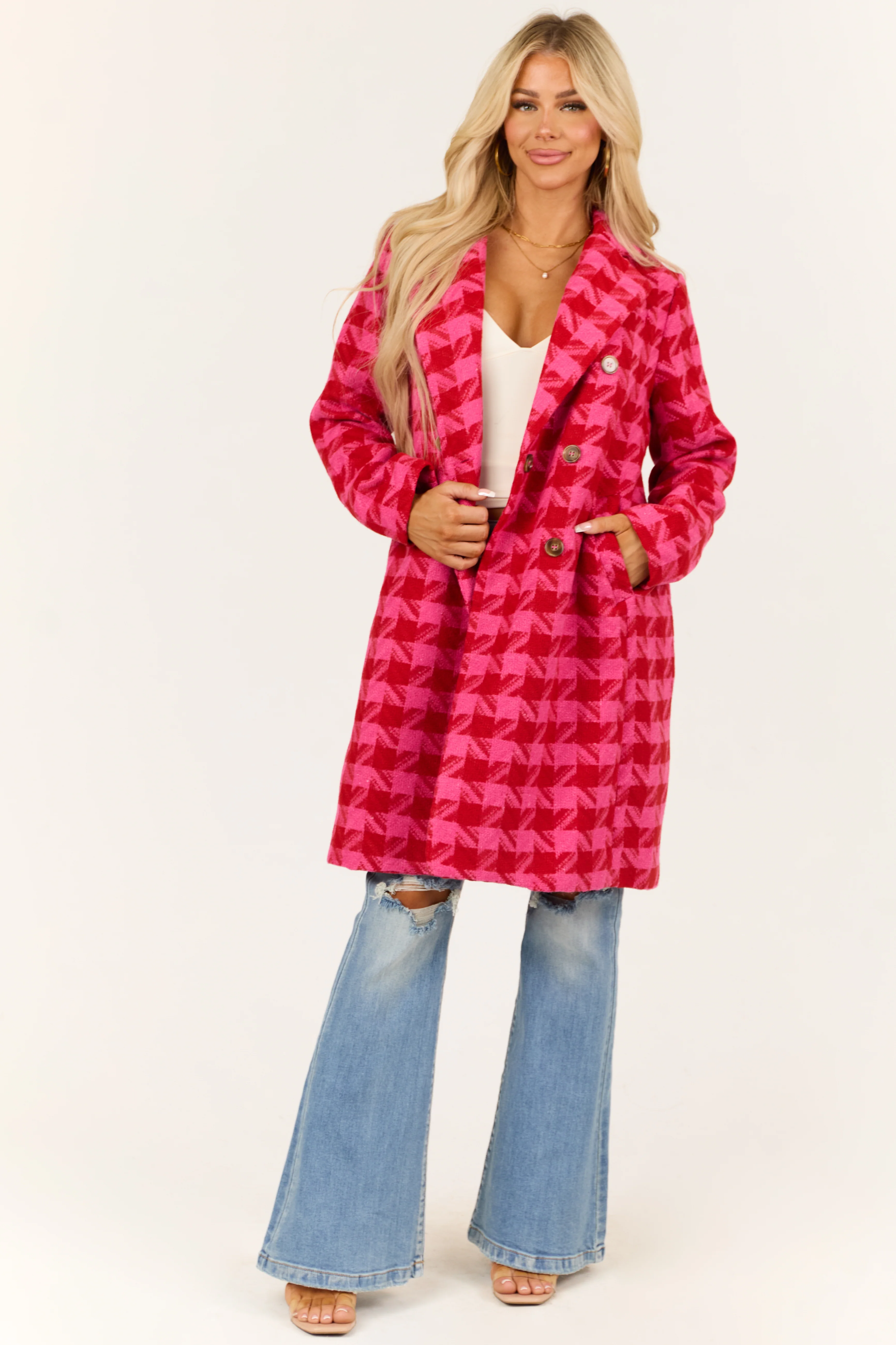 Hot Pink Tweed Houndstooth Double Button Coat - LD SALE