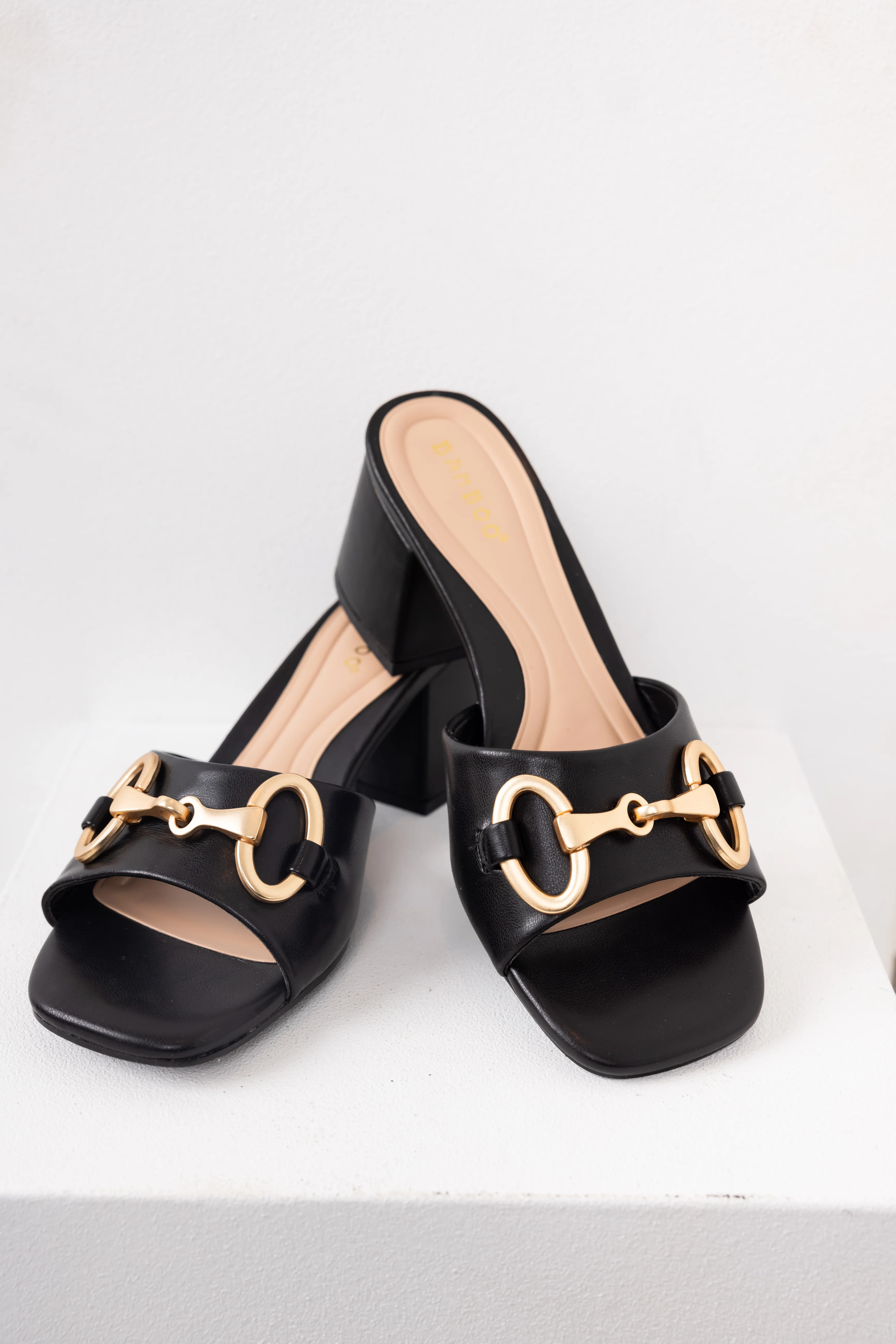 Black Chain Detail Block Heel Mules - LD SALE