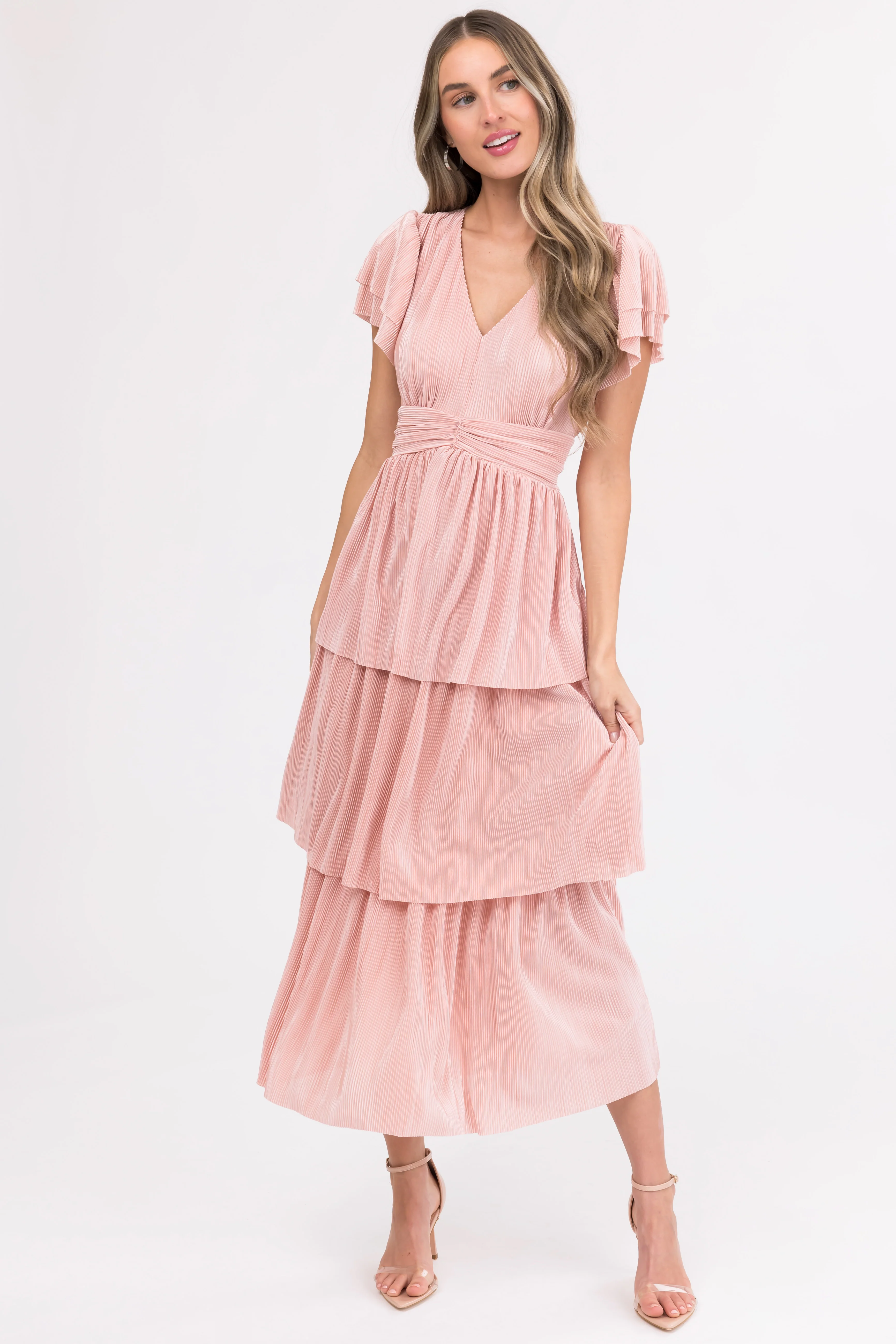 Cherry Blossom Pleated Ruffle Tiered Midi Dress - LD SALE