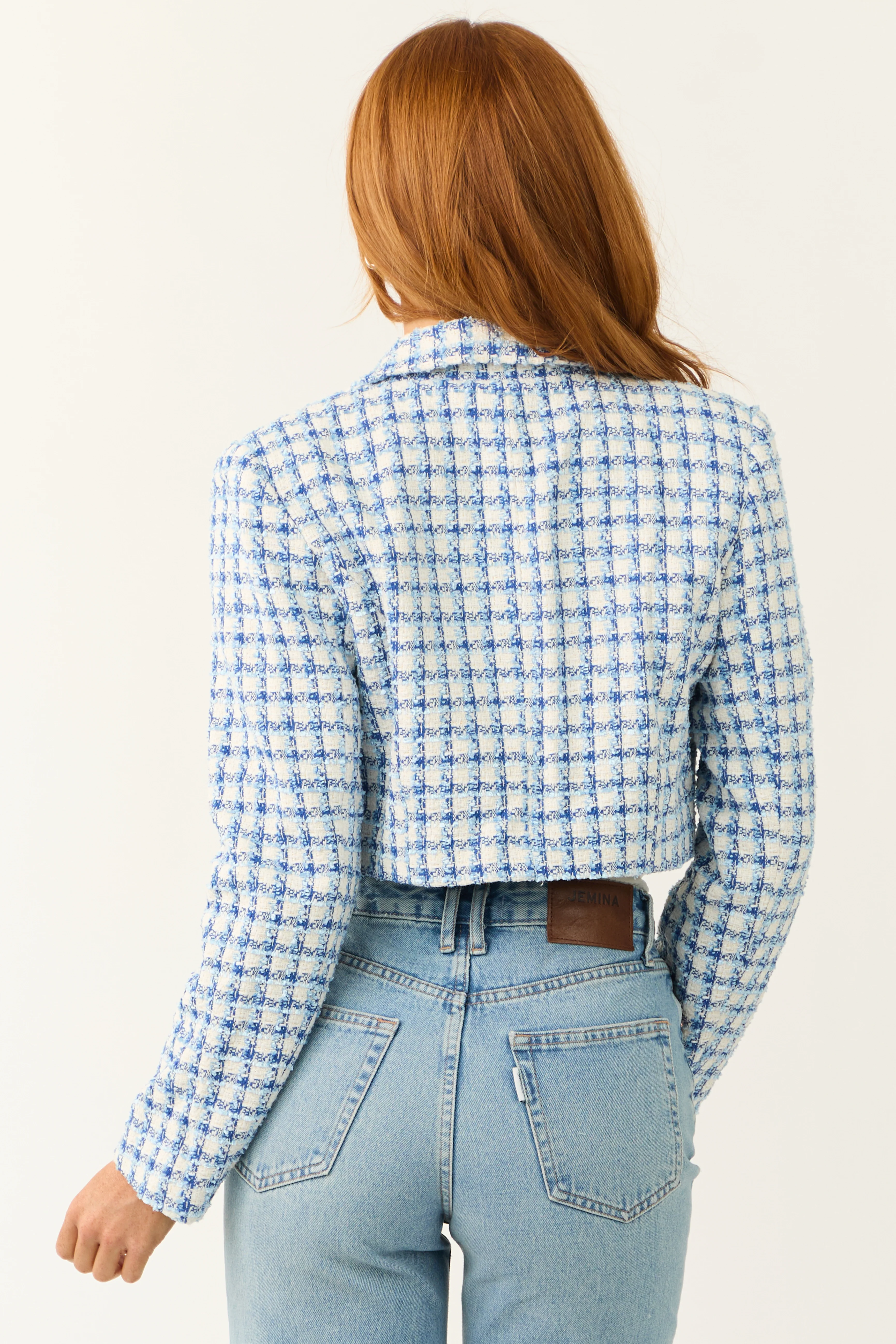 Sky Blue Tweed Plaid Button Down Cropped Jacket - LD SALE