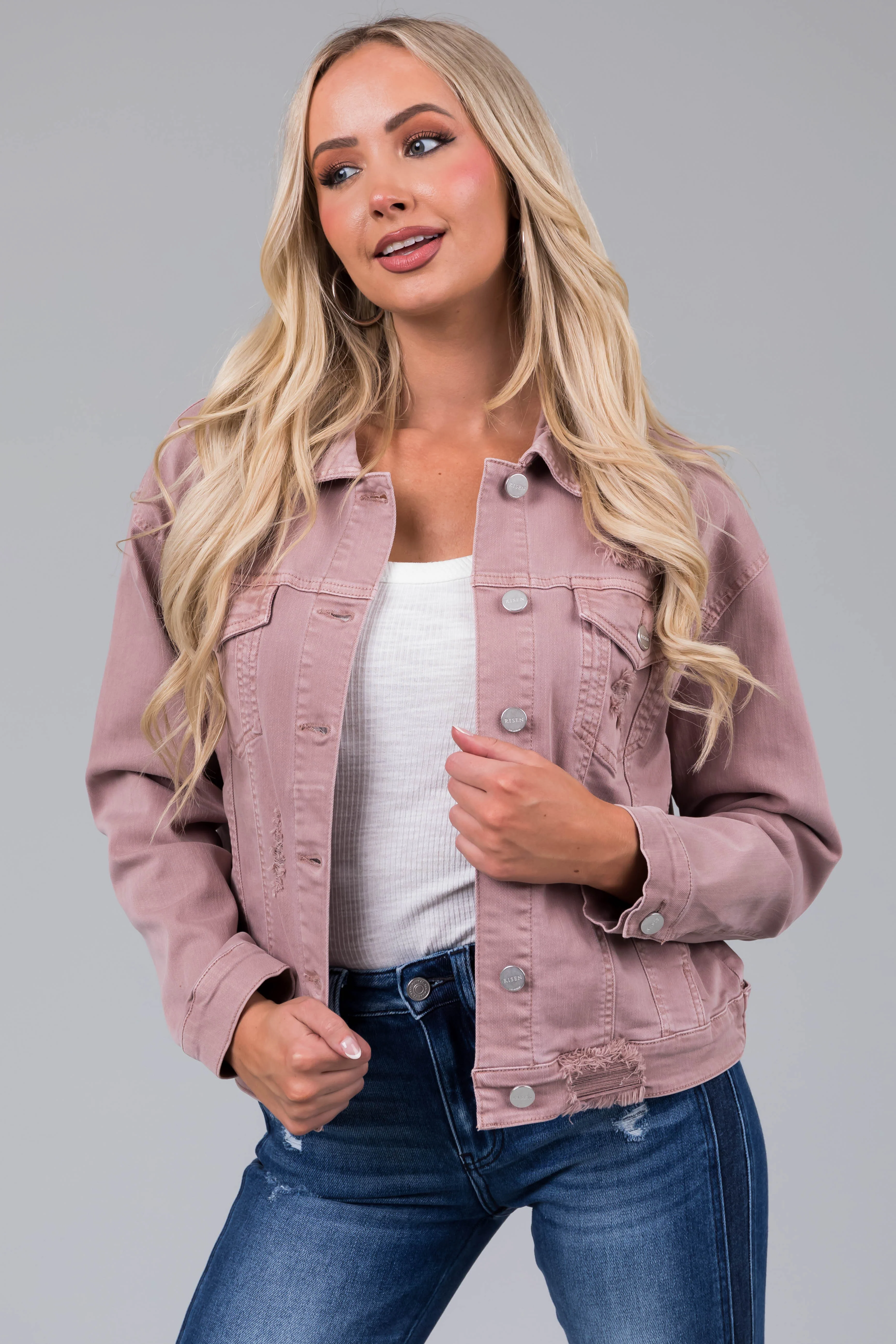 Risen Mauve Denim Distressed Button Up Jacket - LD SALE