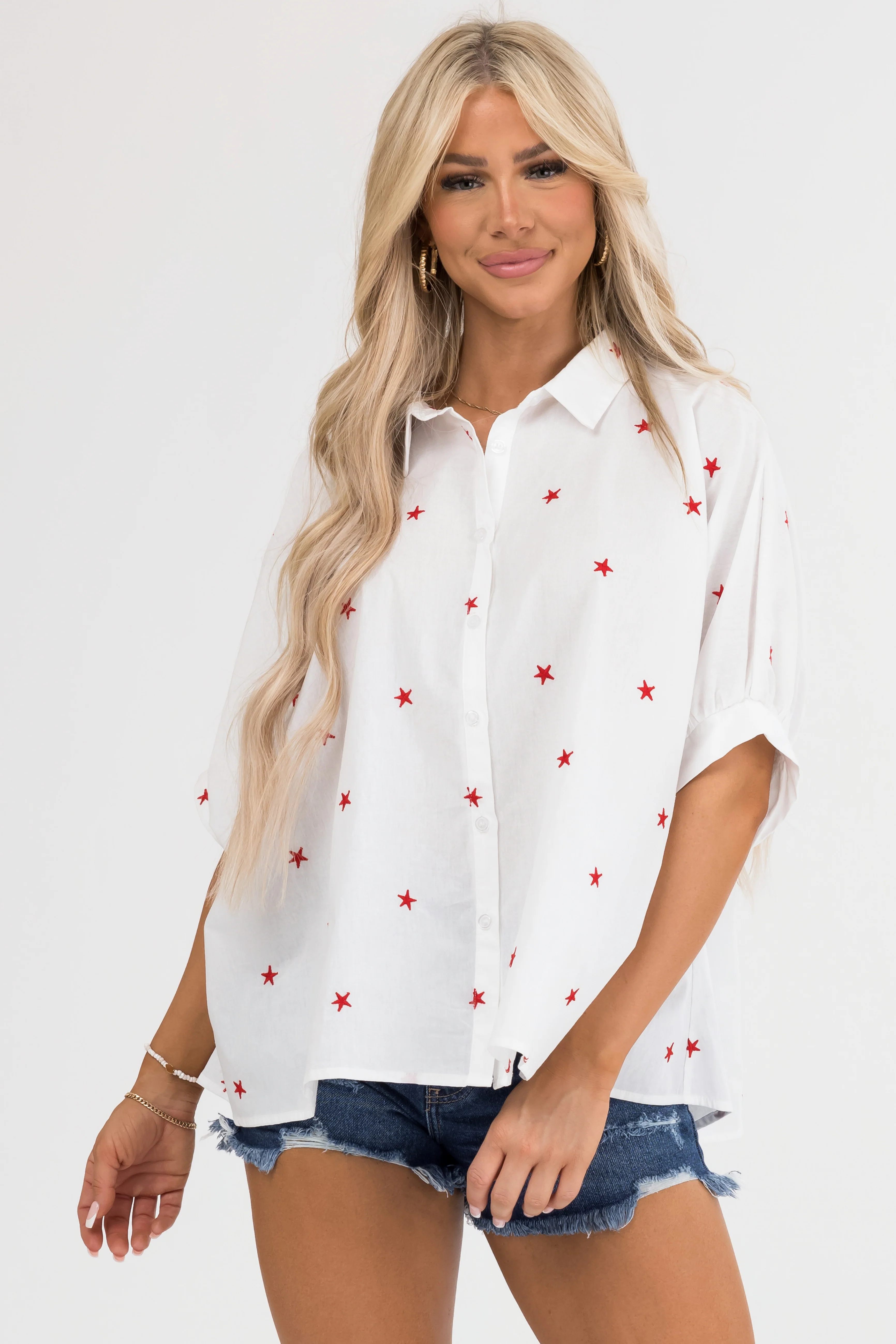 Off White Star Embroidered Button Up Oversized Shirt - LD SALE