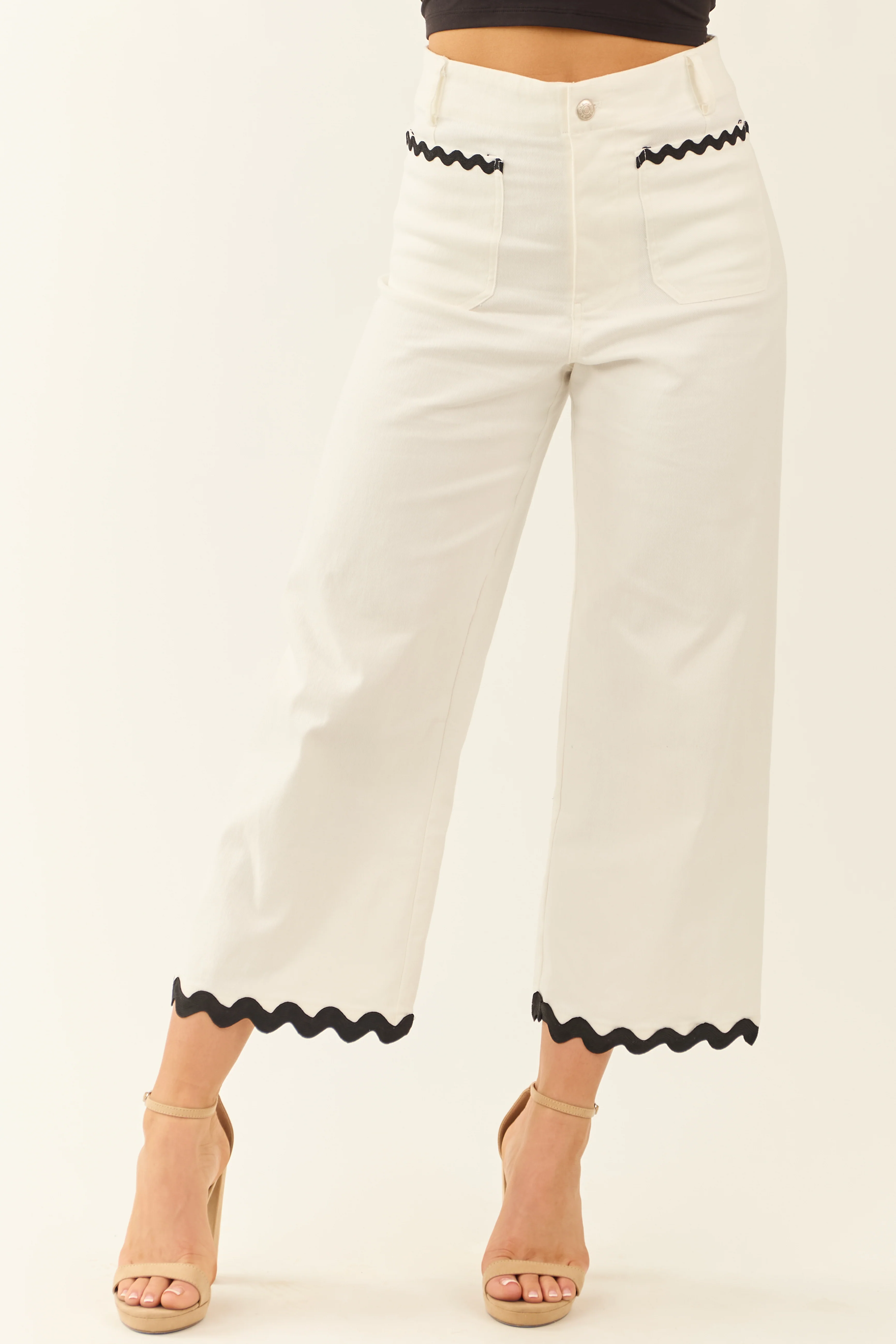 Ivory Denim Ric Rac Trim Cropped Straight Leg Jeans - LD SALE