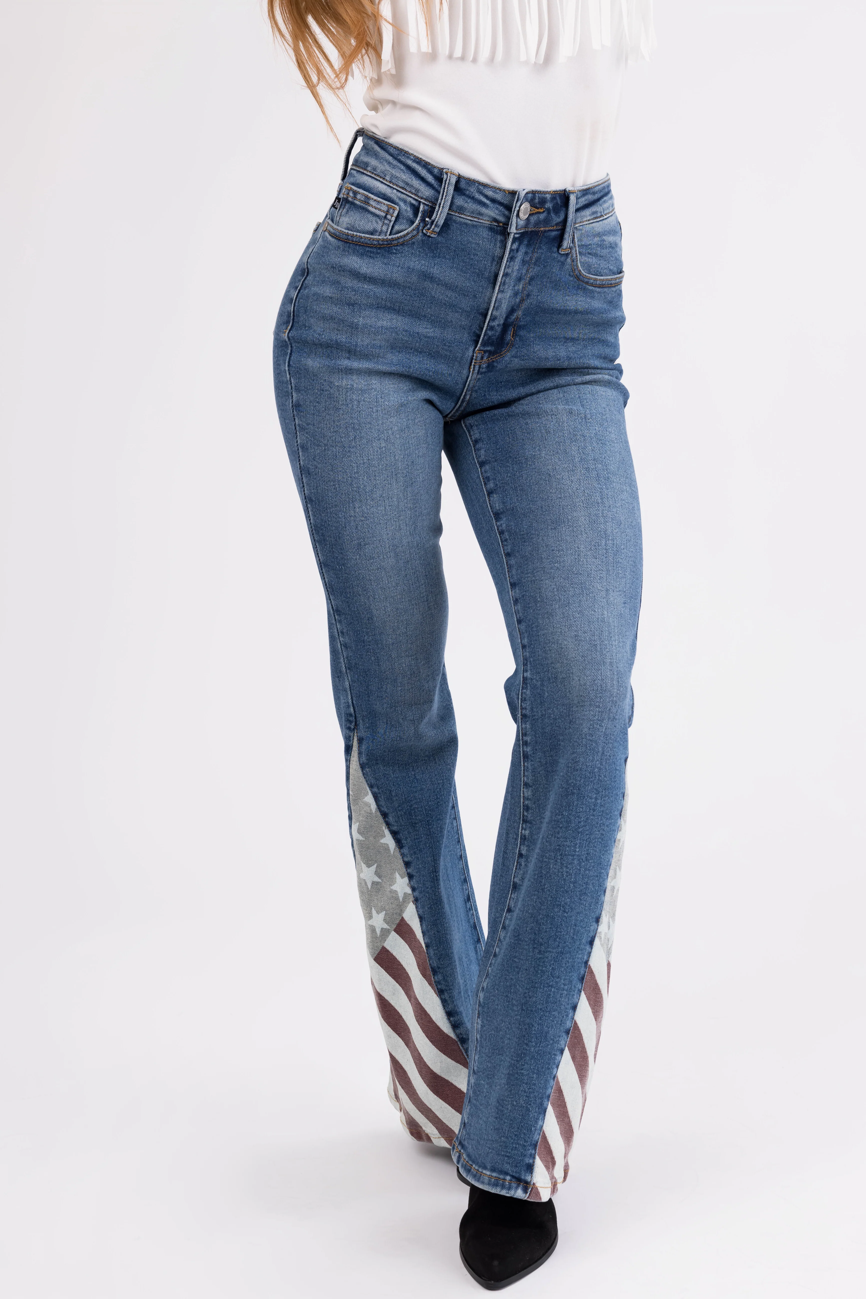 Judy Blue Medium Wash American Print Flare Jeans - LD SALE