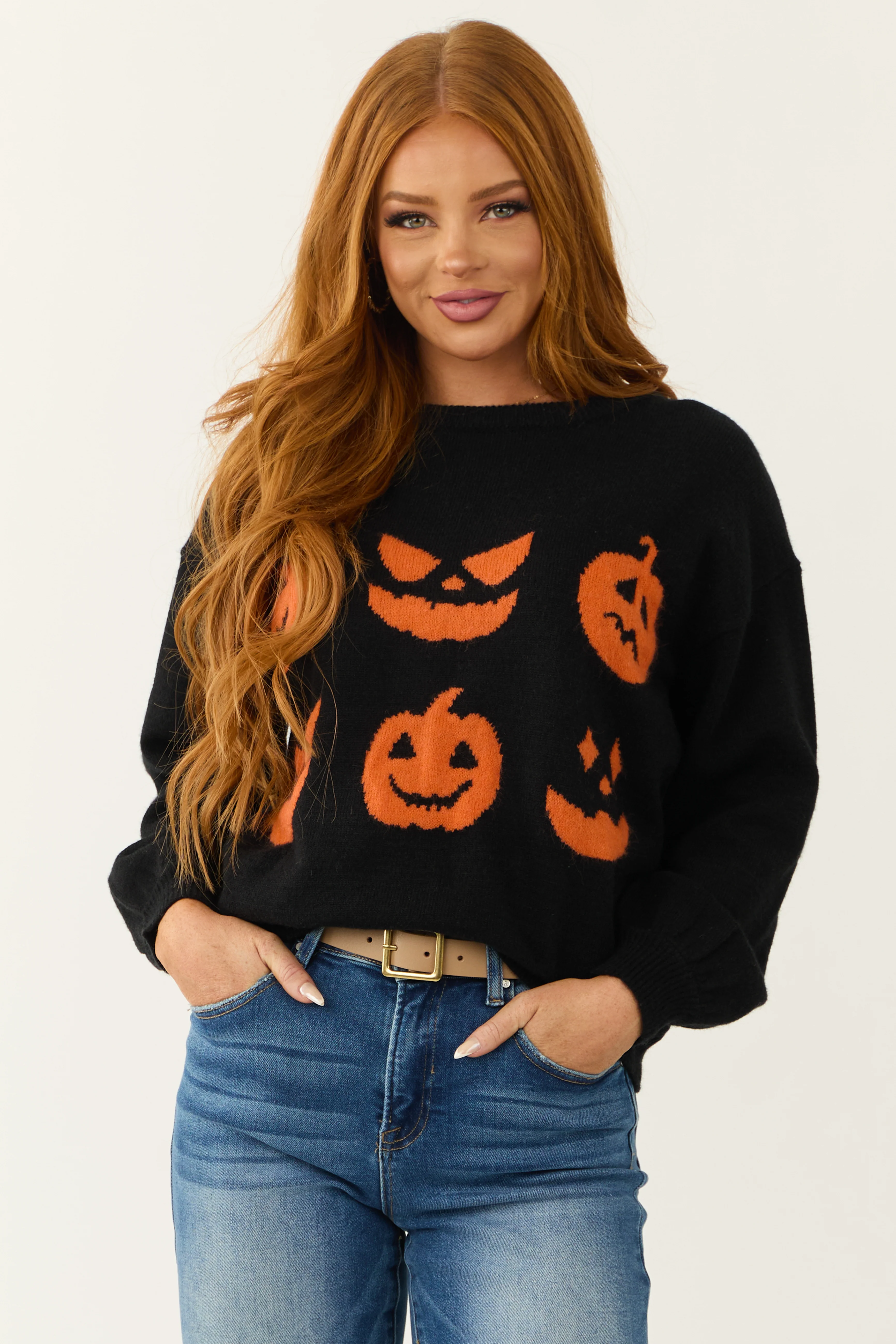 Black Halloween Pumpkin Graphic Knit Sweater - LD SALE