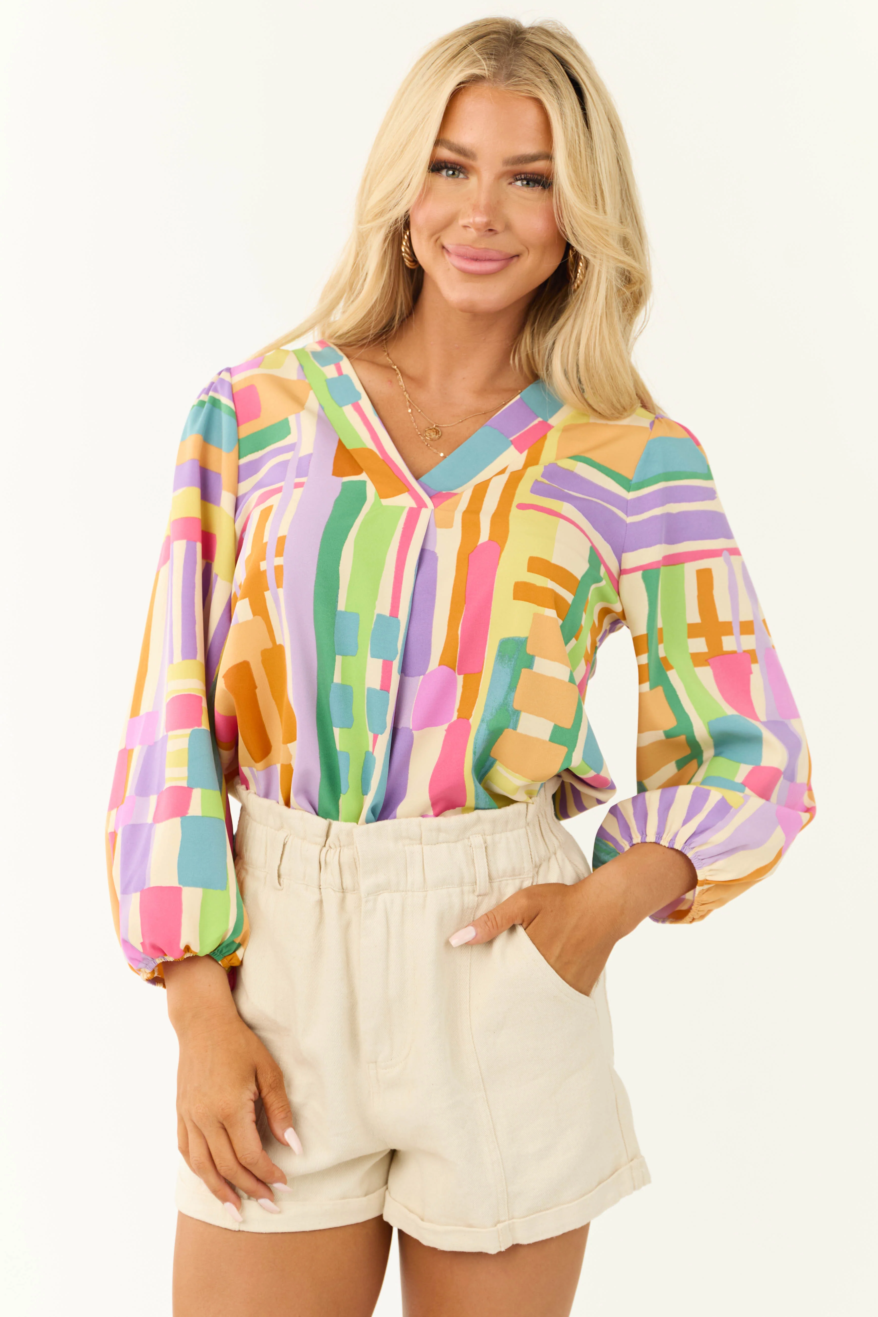 Multicolor Abstract Printed Long Sleeve Blouse - LD SALE