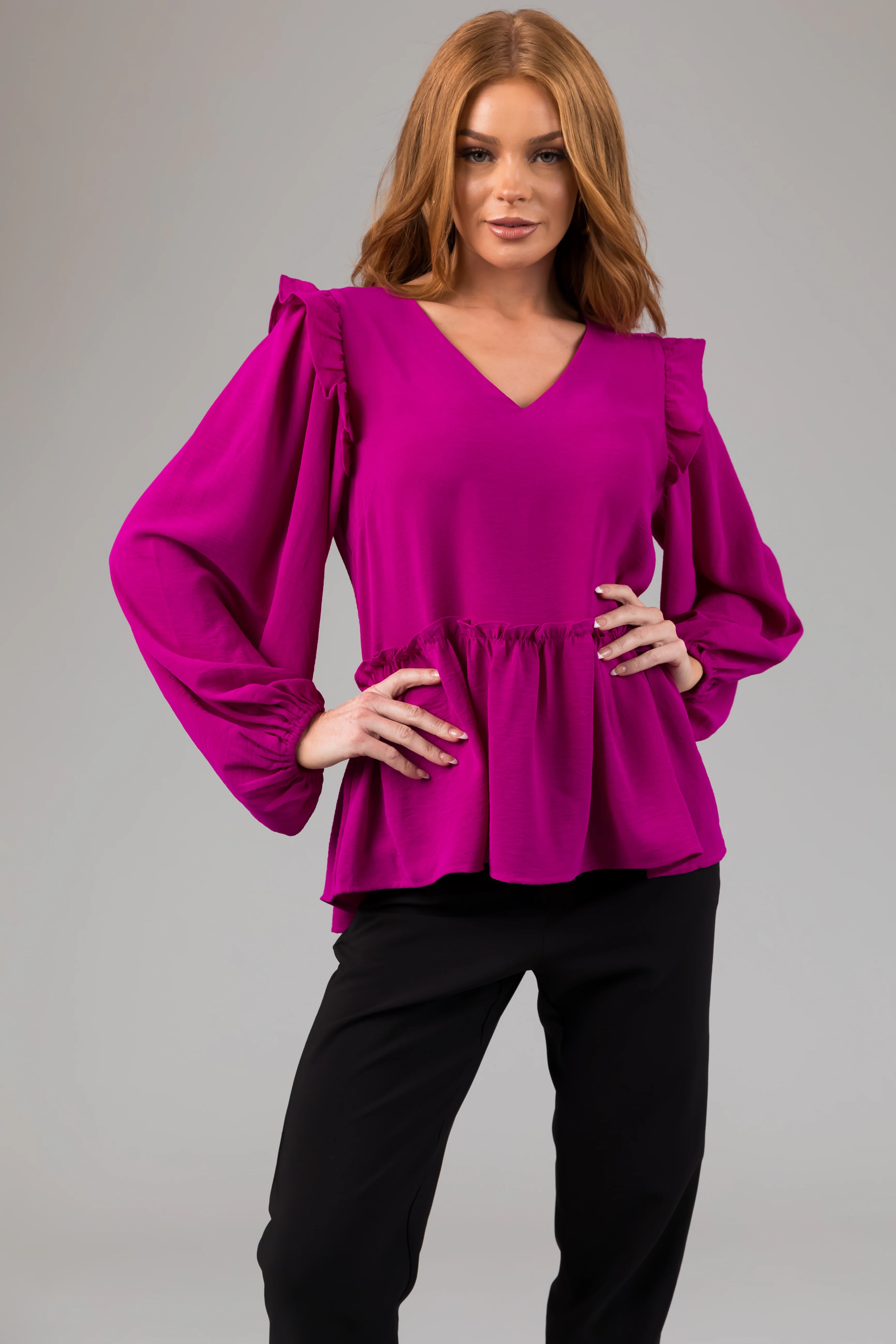 Fuchsia Drop Waist Bubble Sleeve Blouse - LD SALE