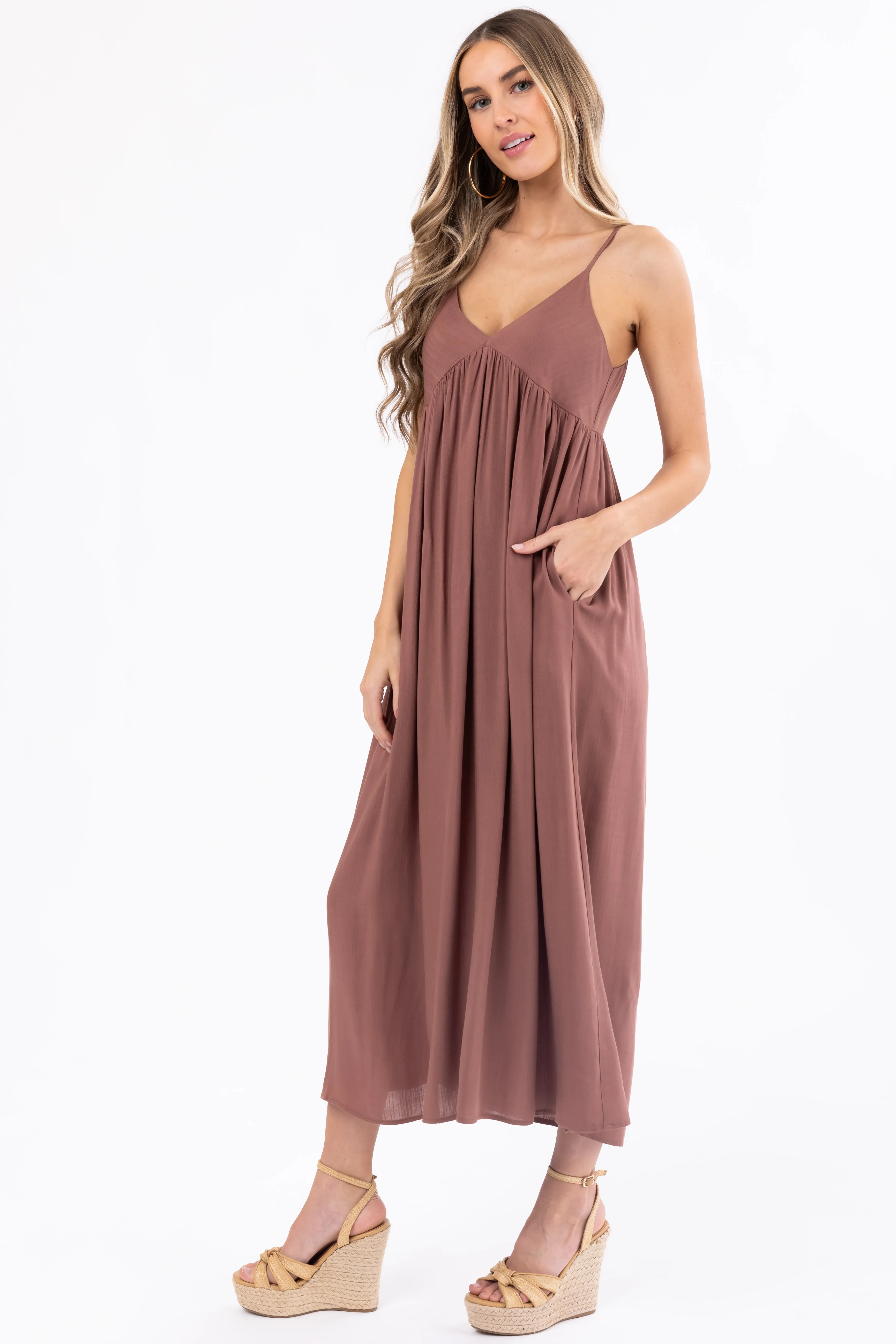 Mocha Woven Strapless Flowy Midi Dress - LD SALE