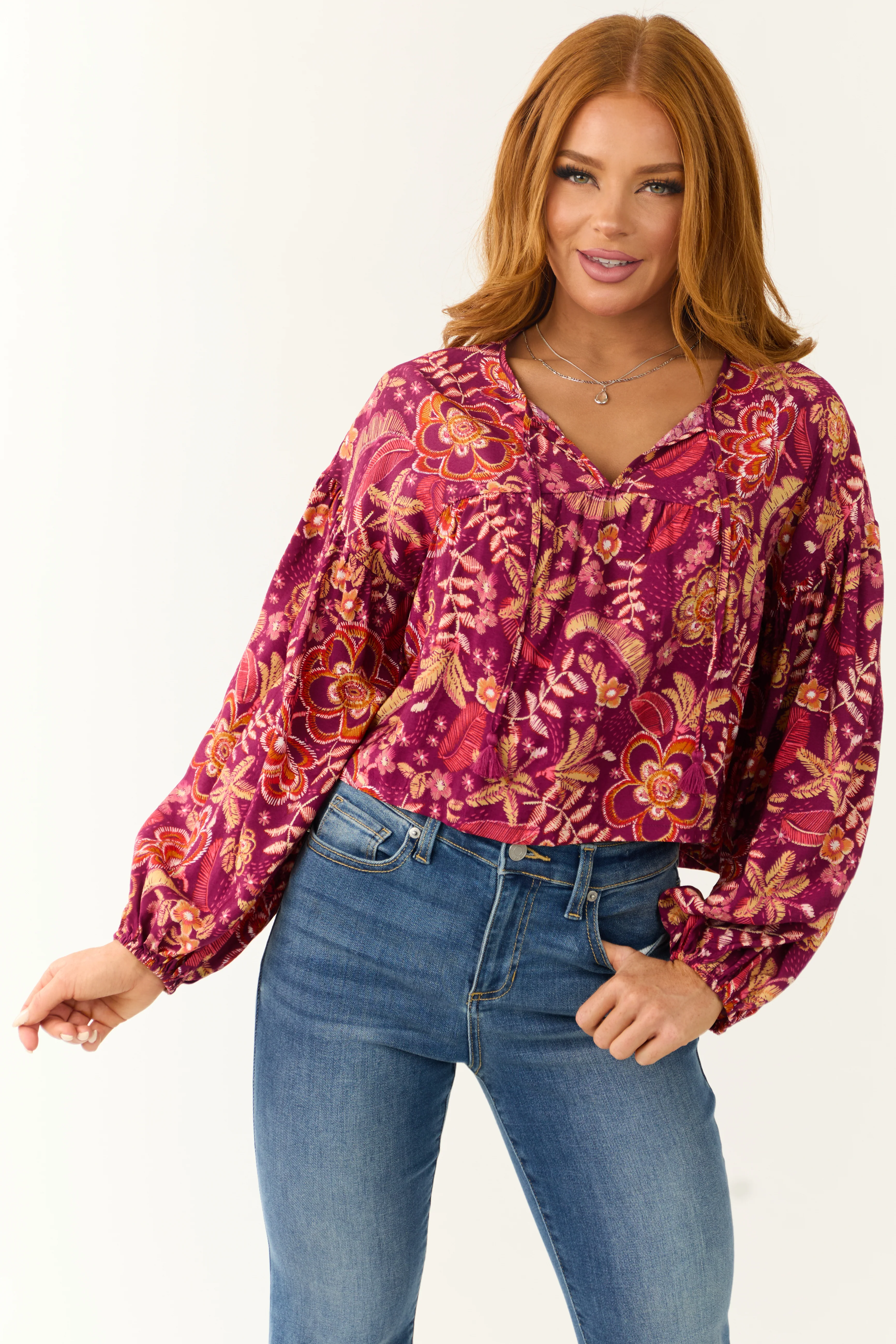 Berry Floral Print Long Sleeve Front Tie Top - LD SALE