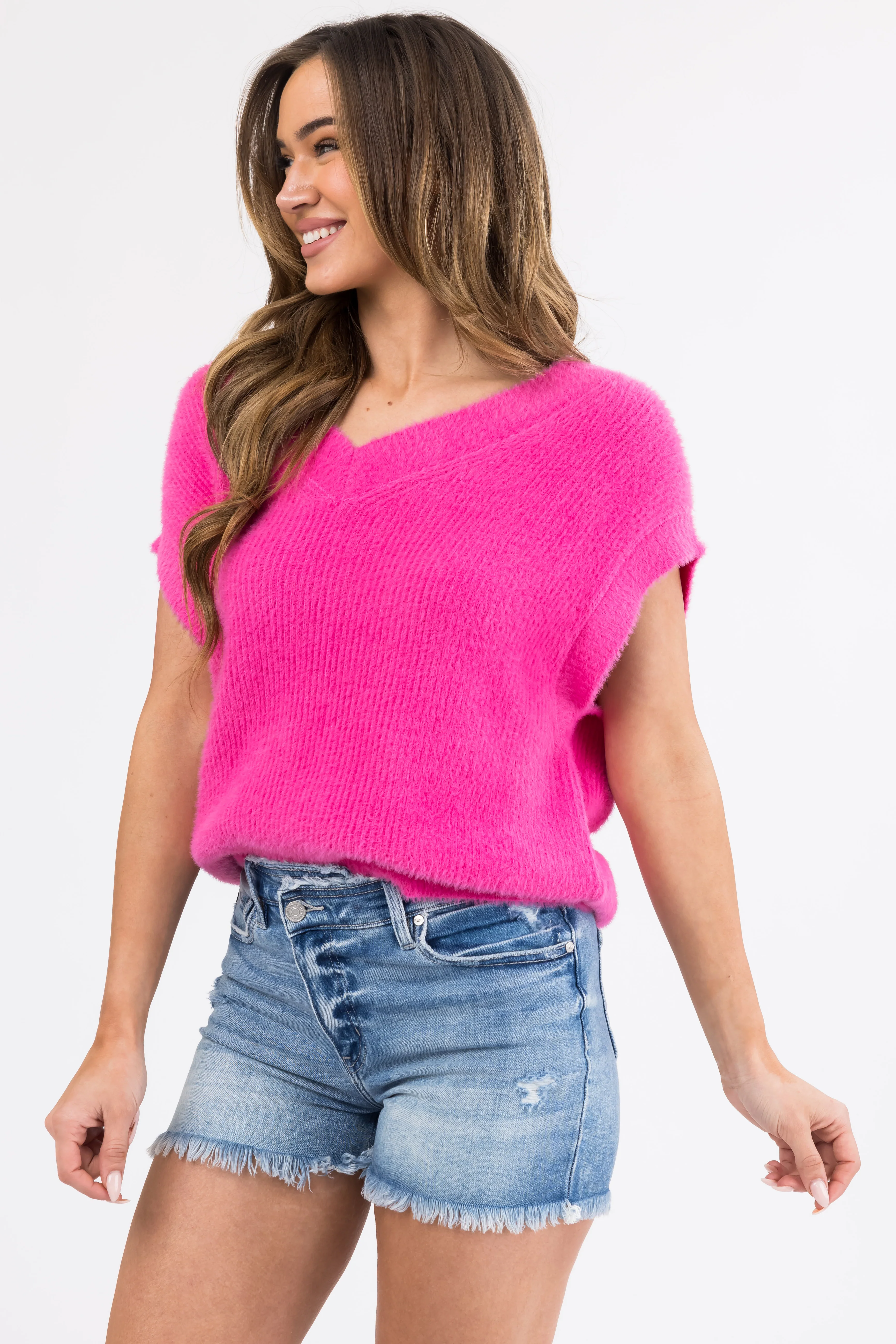 She+Sky Magenta V Neck Textured Sweater Vest - LD SALE