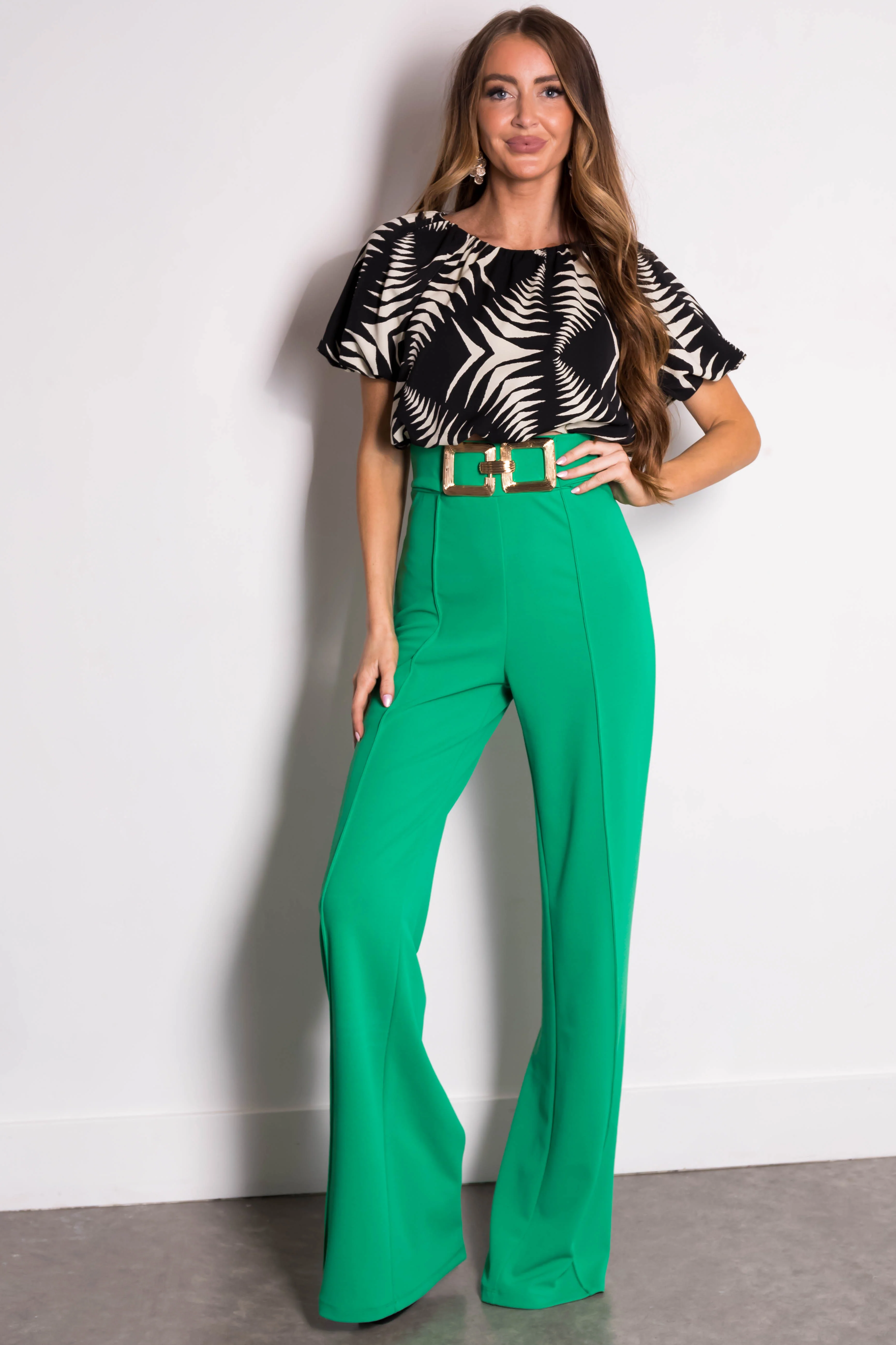 Kelly Green Gold Buckle Wide Leg Pants - LD SALE