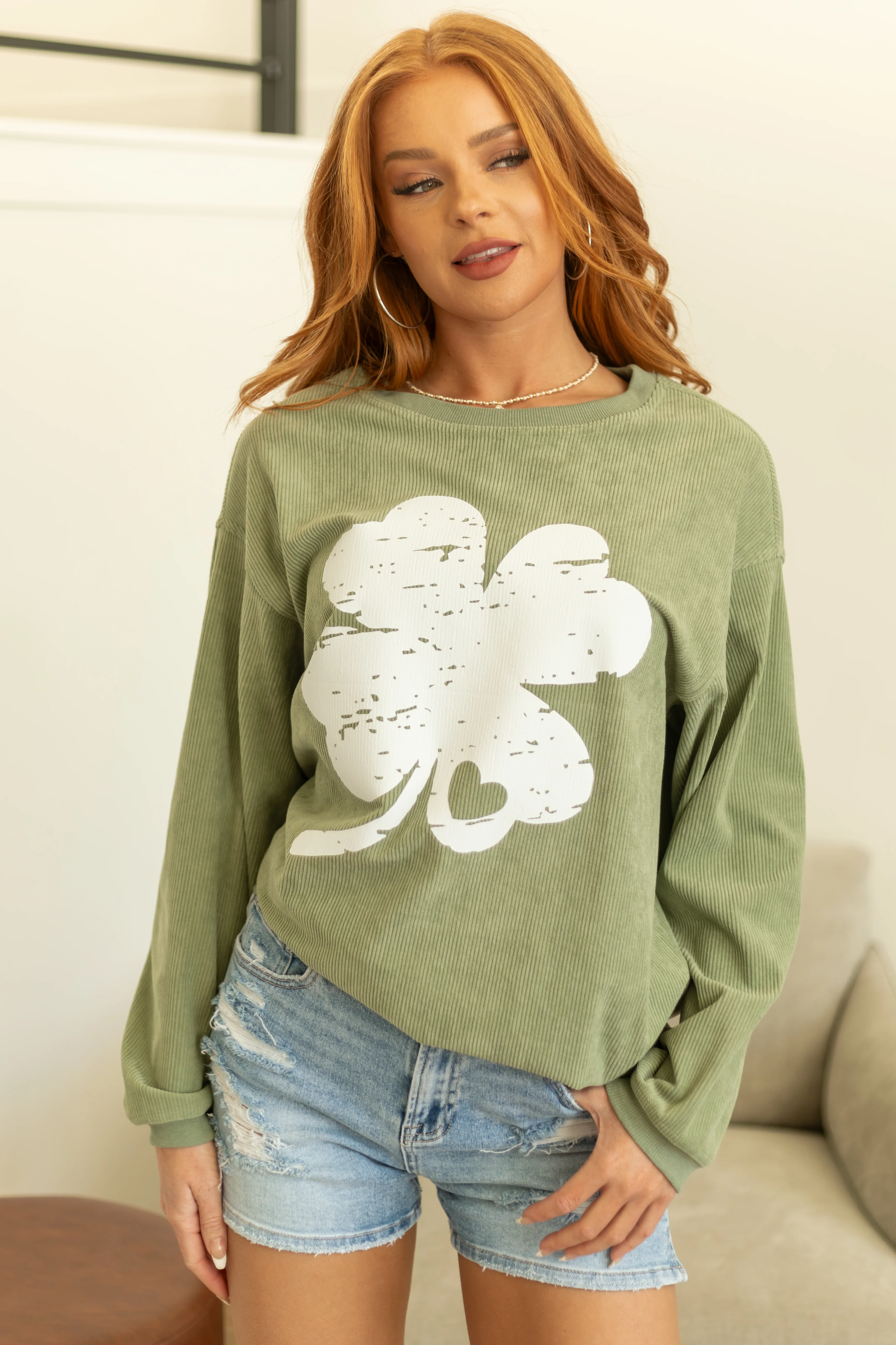 Pistachio Clover Graphic Ribbed Sweatshirt - LD SALE