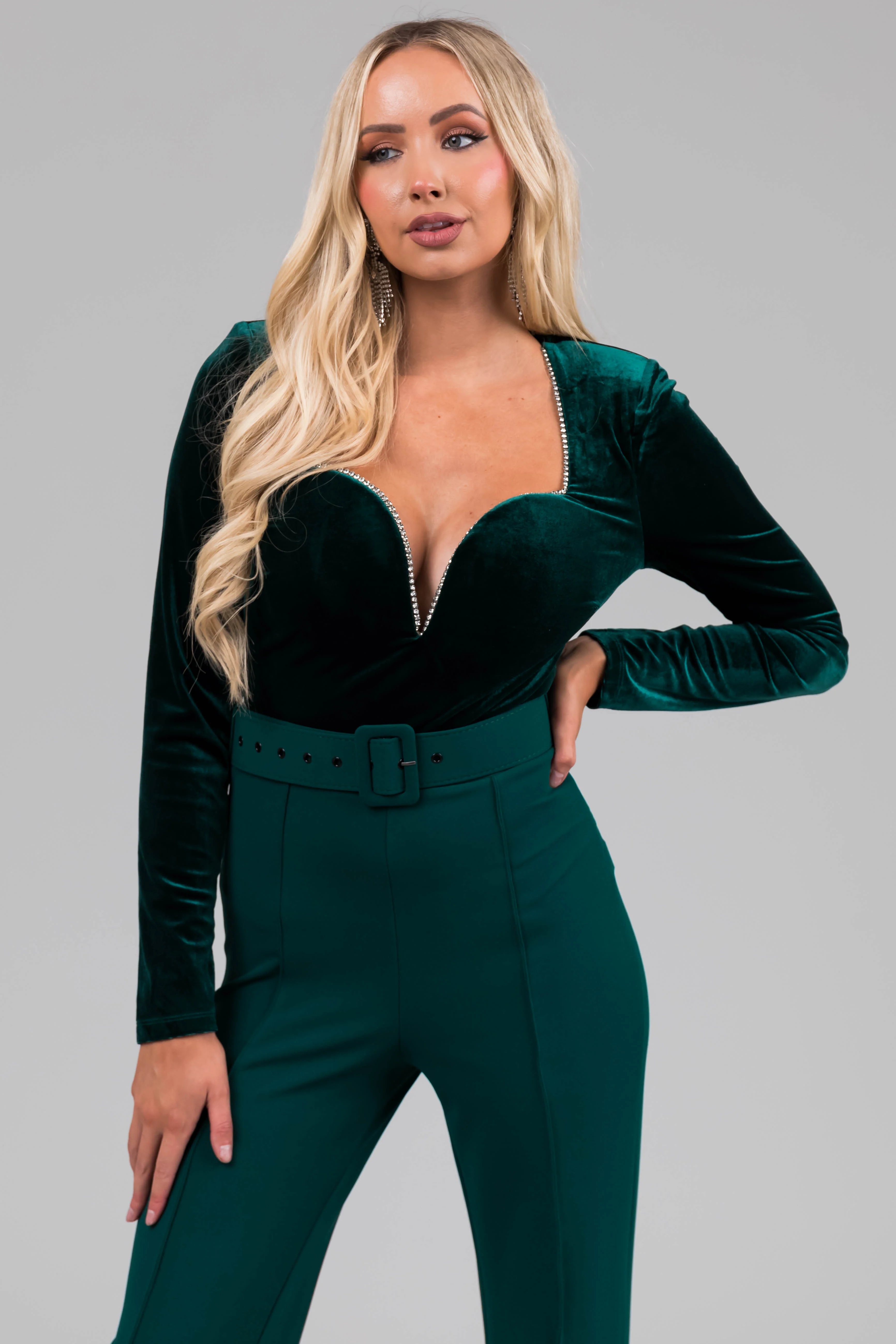 Forest Green Velvet Rhinestone Trim Jumpsuit - LD SALE