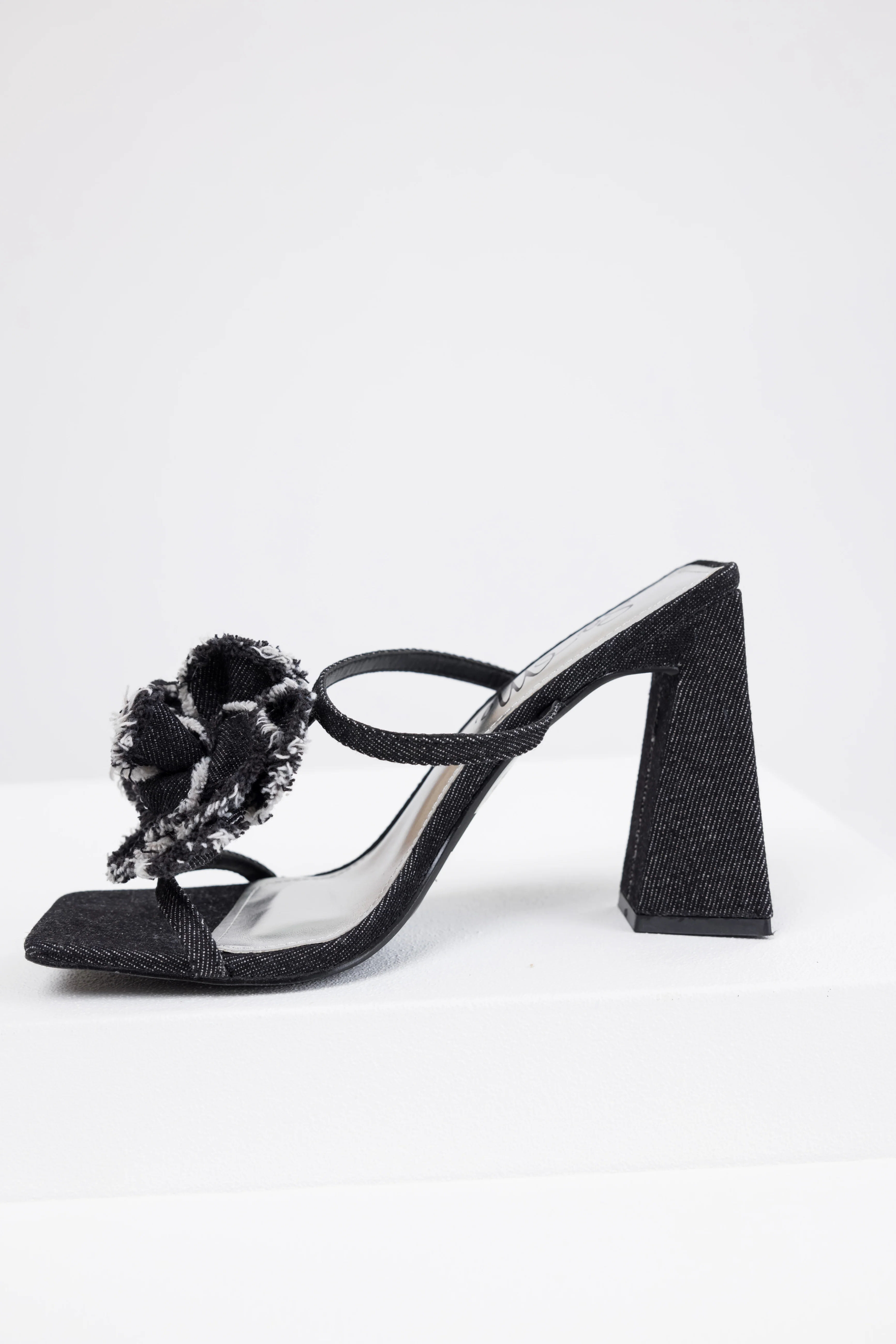 Black Denim Flower Detail Square Toe Heels - LD SALE